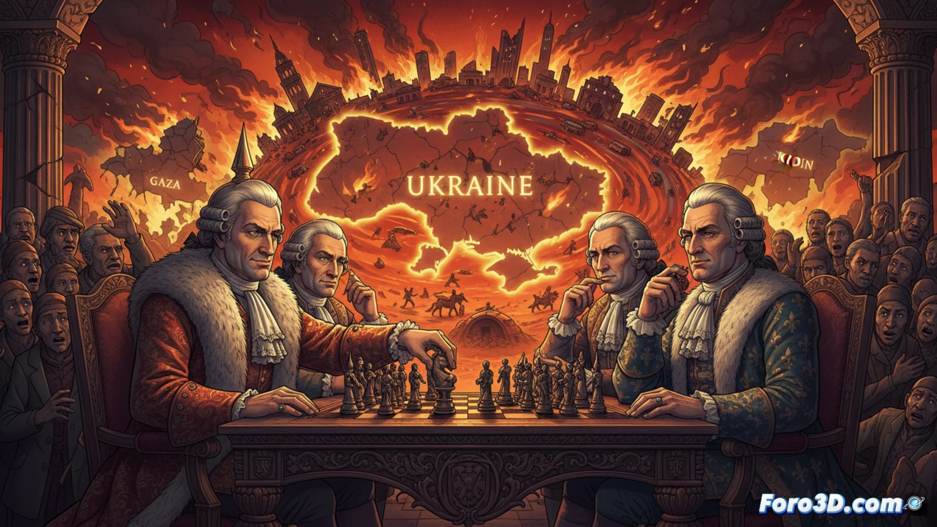 European Union flag draped over a cracked marble chessboard, two torn halves of a map showing Gaza and Sudan burning at the edges, a half-assembled drone with exposed wiring lying abandoned next to a broken compass, diplomatic briefcases stacked haphazardly blocking a humanitarian aid crate, cinematic photorealistic visualization, dramatic chiaroscuro lighting casting long shadows, smoke rising from distant city silhouettes, cold blue and orange fire contrast, ultra-detailed textures of peeling paint on the chess pieces, technical engineering aesthetic with visible circuit boards and antenna components, wide-angle lens perspective emphasizing spatial disconnect