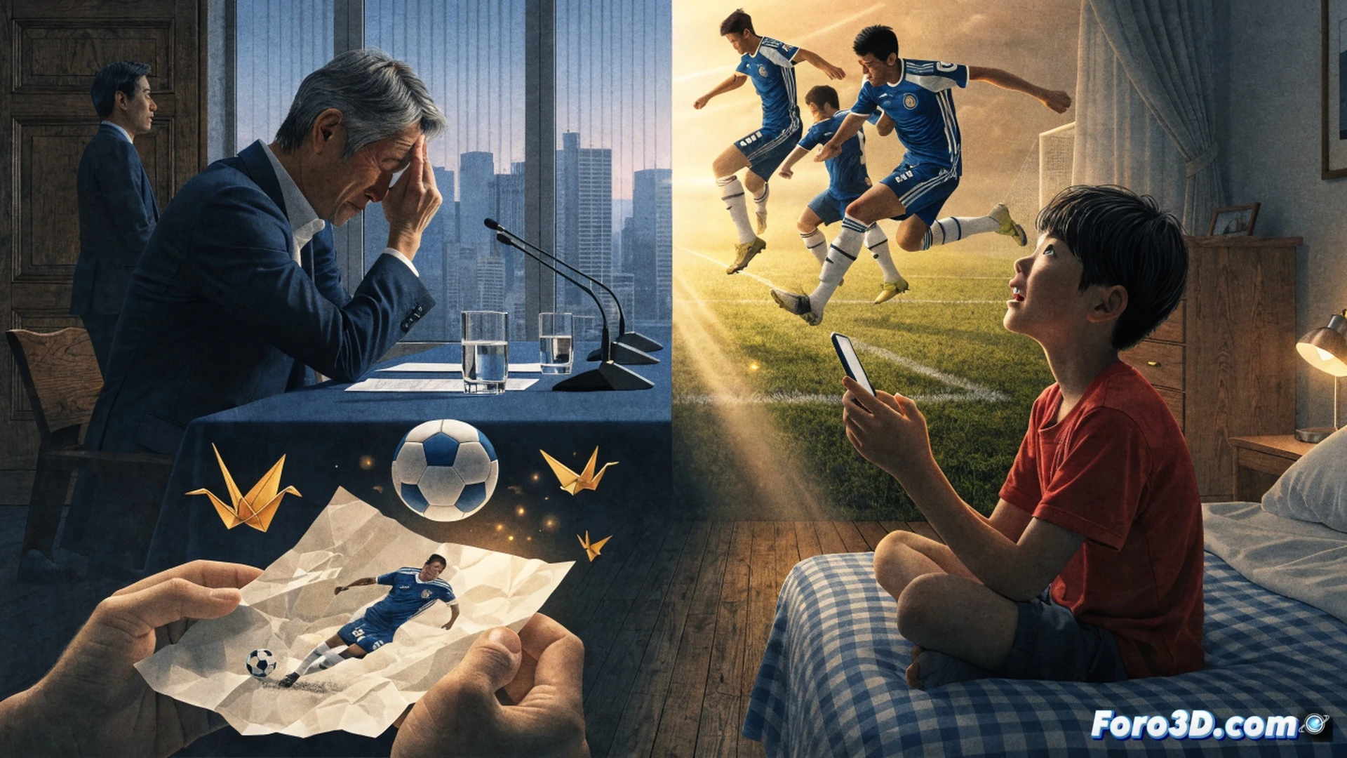 Japanese football coach Hajime Moriyasu standing on a stadium sideline, eyes glistening with emotion while watching a young boy in a Samurai Blue jersey waving a Japanese flag in a foreign stadium, teammates gathering around a tablet showing a child’s video message, bright stadium floodlights illuminating faces, dramatic cinematic lighting, photorealistic sports photography style, deep emotional connection, blurred crowd in background, motion freeze capturing tearful moment