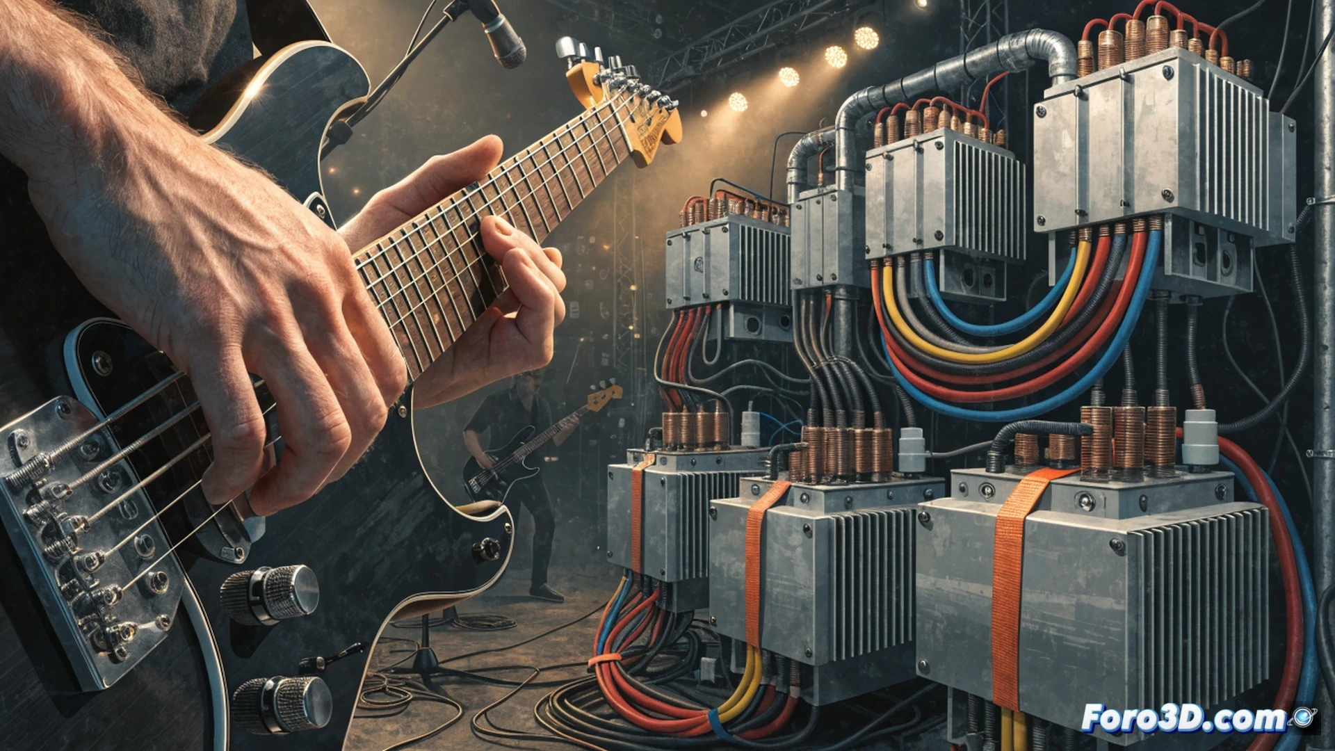 backstage concert energy infrastructure, electrical cables snaking from a large portable generator to mixing consoles and speaker stacks, a glowing power meter showing voltage spikes during a live performance, stage lights illuminating a drummer mid-strike, amplifier racks with cooling fans spinning, a sound engineer adjusting a digital audio workstation with waveform displays, photorealistic technical illustration, cinematic lighting with blue and amber tones, visible electricity flow lines tracing from generator to equipment, dust particles floating in stage light beams, ultra-detailed metal and plastic textures, dramatic industrial atmosphere