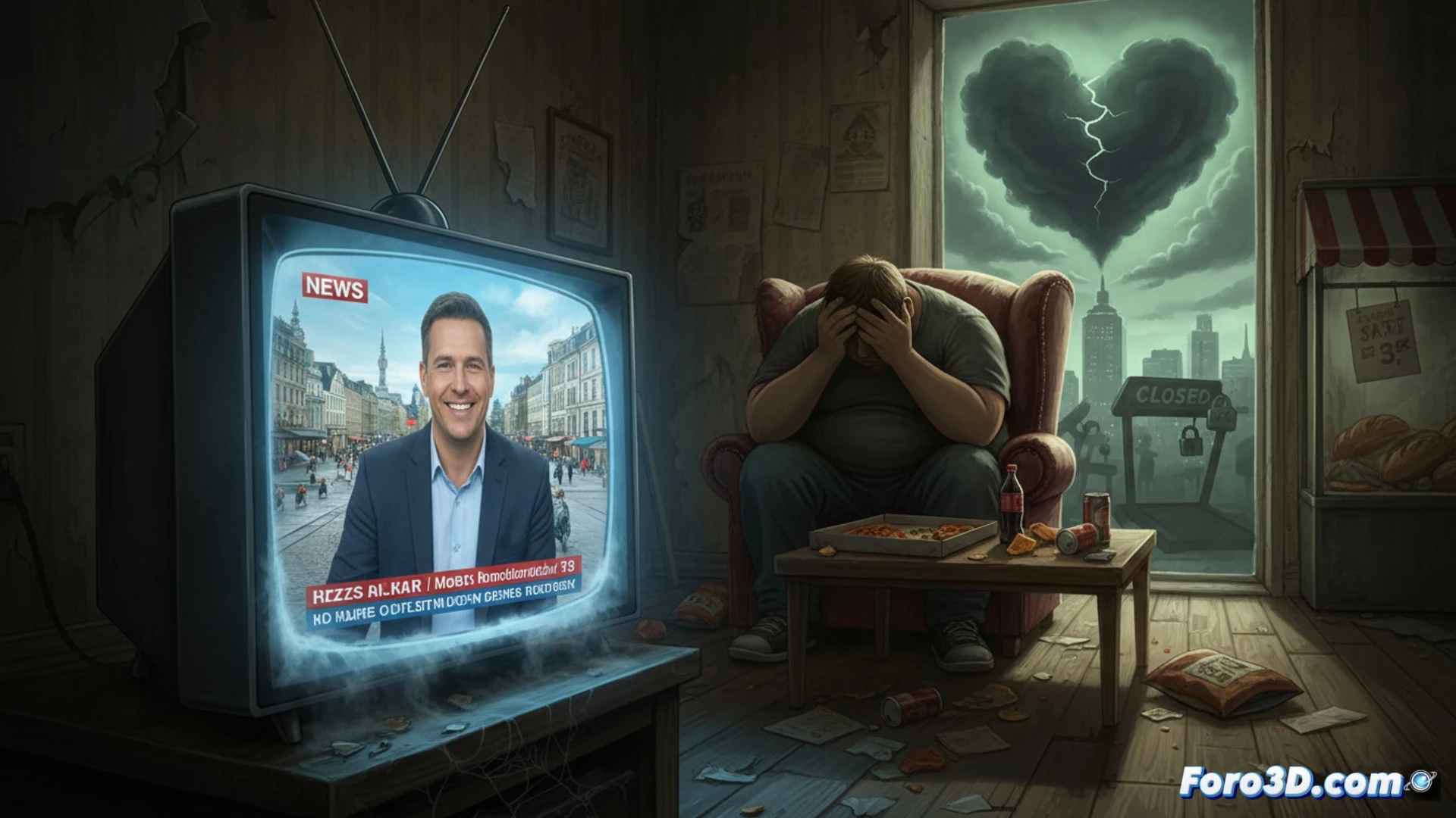 grocery store aisle scene in Germany, overweight middle-aged man reaching for a high-priced organic vegetable while a digital price tag flashes a 30 percent increase, empty gym visible through the window with a broken treadmill and a for lease sign, man holding a fast-food discount coupon in his other hand, cinematic photorealistic style, moody overhead fluorescent lighting, subtle depth of field, clinical observation tone, muted colors with cold blue tint, economic disparity emphasized by contrasting cheap processed food shelves versus expensive fresh produce, health crisis visual storytelling