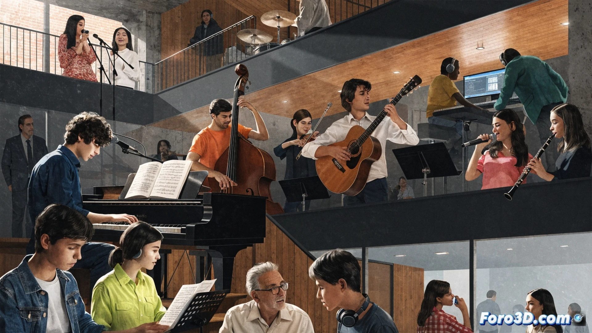 Aula de música moderna y luminosa, varios estudiantes de diferentes edades tocando instrumentos mientras un profesor observa con gesto amable, partituras abiertas sobre atriles metálicos, un niño pequeño toca un teclado electrónico mientras un adulto practica guitarra acústica al fondo, auriculares colgados en soportes de pared, micrófonos sobre soportes, estanterías con métodos de estudio y libros de teoría musical, pizarra blanca con notas musicales dibujadas, luz natural entrando por grandes ventanales, ambiente relajado y acogedor, colores cálidos en madera y paredes claras, estilo fotorealista cinematográfico, enfoque suave, acción de aprendizaje simultáneo y autónomo, mostrando flexibilidad horaria y diversidad de edades e instrumentos