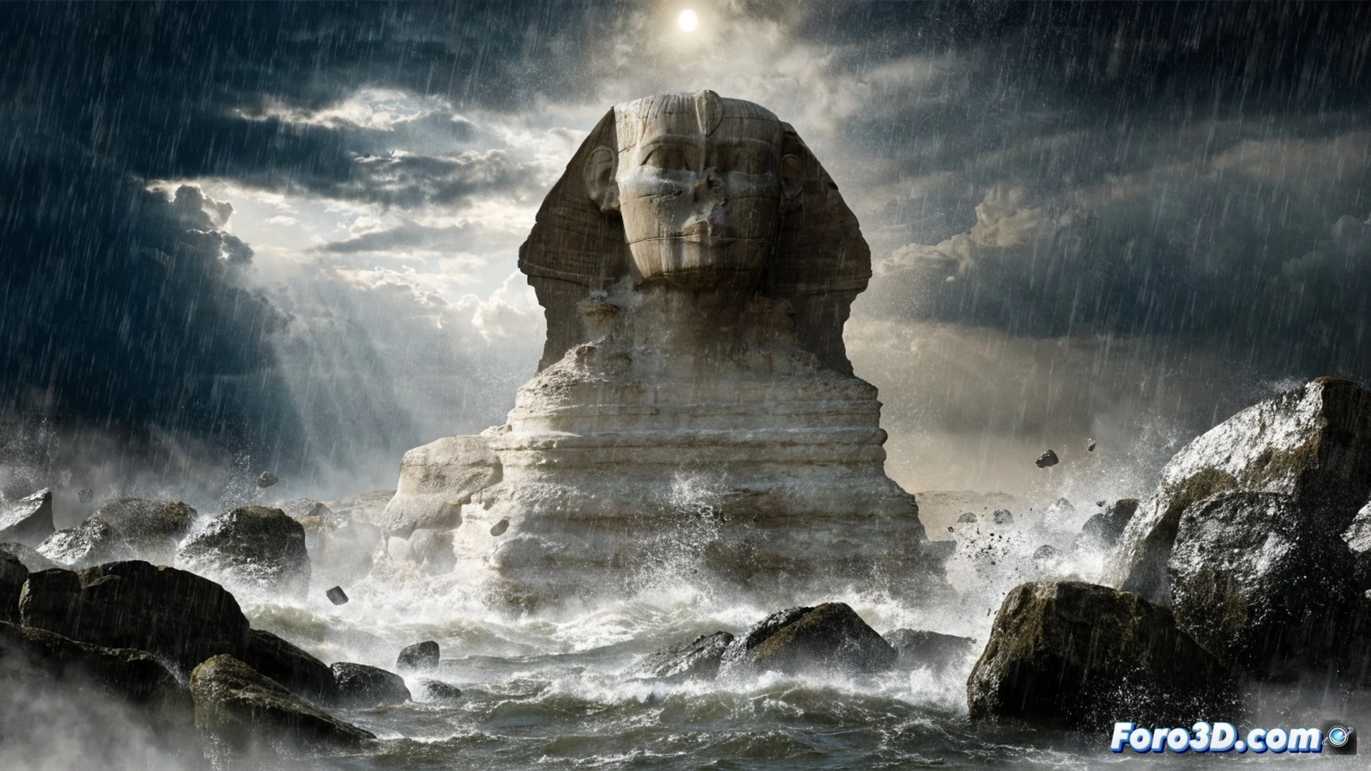 Close-up cinematic technical illustration of the Great Sphinx of Giza during a heavy rainstorm, vertical erosion channels on limestone body actively carved by cascading water runoff, geologist in field gear pointing at deep weathering grooves with a laser measuring tool, handheld ground-penetrating radar device scanning the base, photorealistic engineering visualization, dramatic storm clouds overhead, raindrops splashing on ancient stone, wet rock surface reflecting dim light, ultra-detailed geological textures, realistic paleoclimate reconstruction, cinematic blue-gray lighting with intense contrast