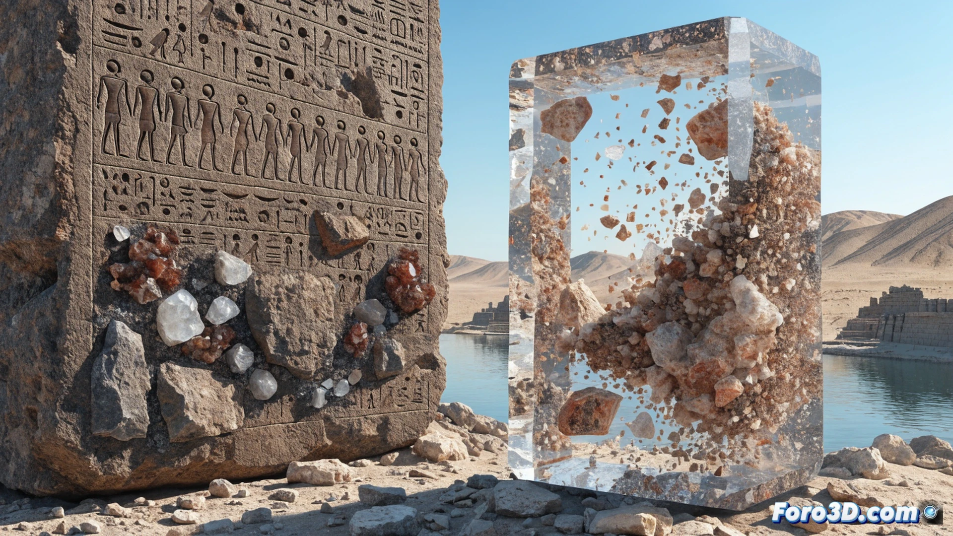 Ancient Egyptian stone quarry scene on the Nile island, workers pouring liquid mineral mixture into rectangular molds, steam rising from chemical reaction transforming into solid geopolymer blocks, hieroglyphic-covered stele in background listing ingredients, cracked limestone bedrock visible, sunlight casting long desert shadows, photorealistic archaeological visualization, detailed stone texture, wet mixture shimmering with metallic particles, workers in linen garments using copper tools, dramatic golden hour lighting, ultra-realistic material rendering, cinematic historical reconstruction style