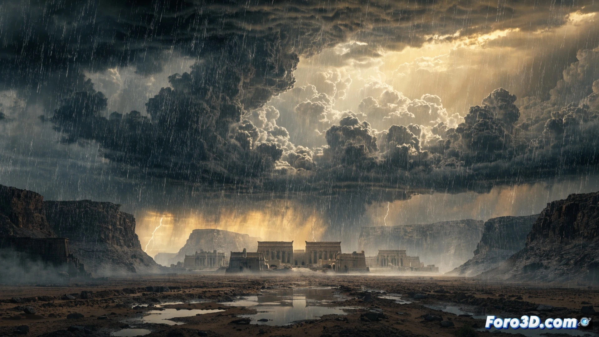 Ancient Egyptian stone stele glowing under volcanic ash cloud, torrential rain mixed with black soot falling on hieroglyphic carvings, total darkness pierced by distant red volcanic lightning, massive sound waves visualized as concentric ripples distorting the air around the monument, cracked ground filling with muddy water, cinematic photorealistic technical illustration, dramatic chiaroscuro lighting, ultra-detailed stone texture, dust particles suspended in turbulent atmosphere, volcanic eruption aftermath shown through environmental chaos, 8K render quality