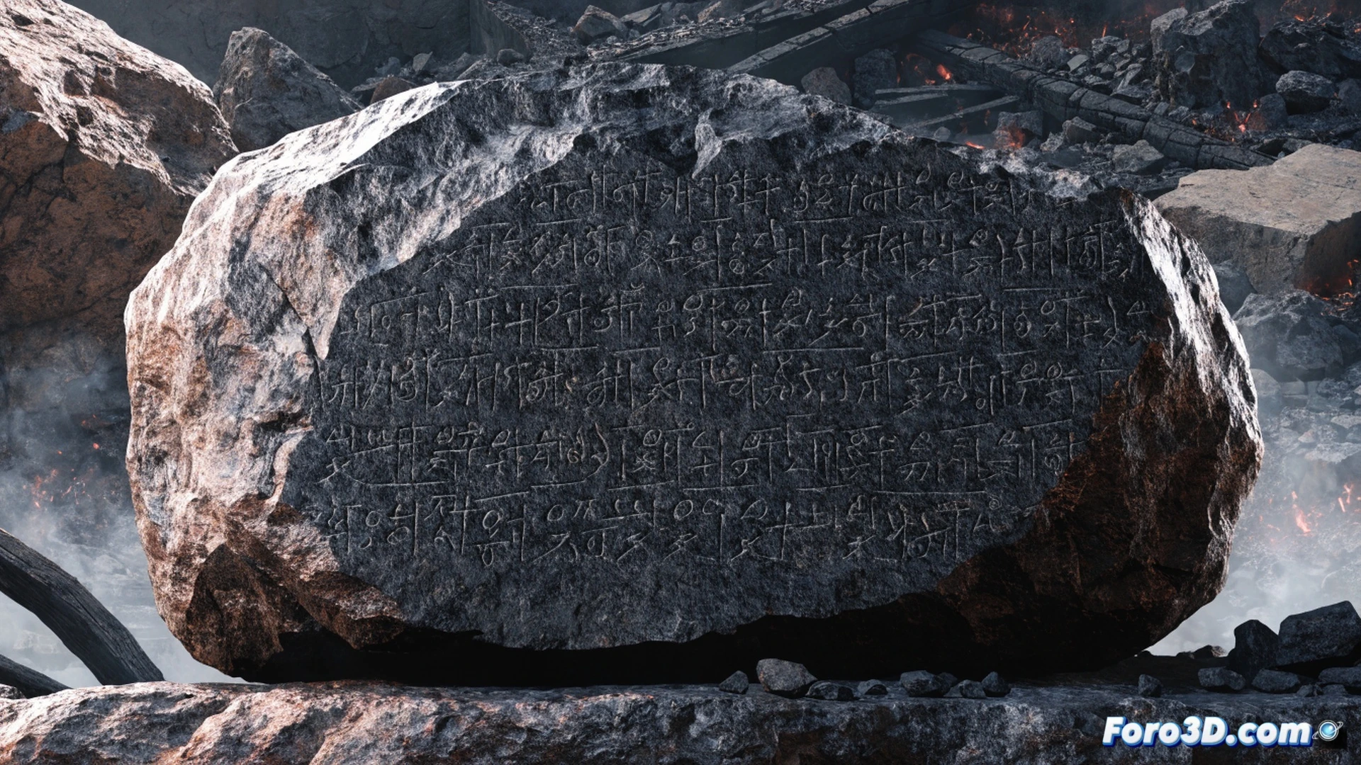 basalt stone slab being unearthed by archaeologists using chisels and brushes, 19th-century excavation tools scattered on rocky ground, ancient Moabite inscription lines emerging from dust, two scholars in period clothing examining the carved surface with magnifying lenses, dramatic desert sunset casting long shadows, photorealistic historical documentation style, rough black stone texture contrasting with polished bronze instruments, intense warm lighting emphasizing carved symbols, ultra-detailed geological layers visible on broken edge, cinematic documentary aesthetic