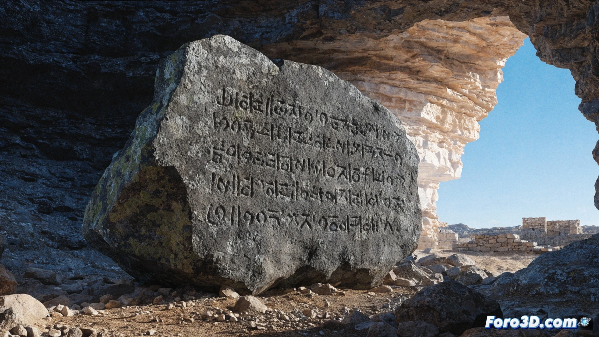 ancient Phoenician stone stele being examined by archaeologists under harsh midday sun, weathered limestone surface with carved inscription, researcher holding magnifying loupe over carved symbols while another brushes dust from the base, digital tablet displaying 3D scan of the stone nearby, cracked marble texture, chisel marks visible, archaeological tools scattered on rocky ground, dramatic shadows cast by Mediterranean light, photorealistic documentary style, ultra-detailed stone grain, historical artifact photography aesthetic