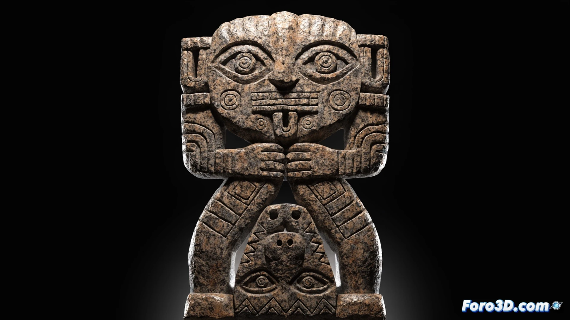Estela de Raimondi de granito gris siendo girada 180 grados por manos ceremoniales, contorno rival transformándose de deidad antropomorfa con báculos a felino de perfil, talla en piedra con líneas incisas profundas, sombras cruzadas marcando la ilusión óptica, fondo de templo Chavín con luz de antorchas, textura rugosa del granito, estilo photorealistic technical illustration, detalle de herramientas de percusión sobre la superficie, acción de rotación mostrando el cambio de figura, iluminación dramática desde abajo, renderizado de alta fidelidad arqueológica.