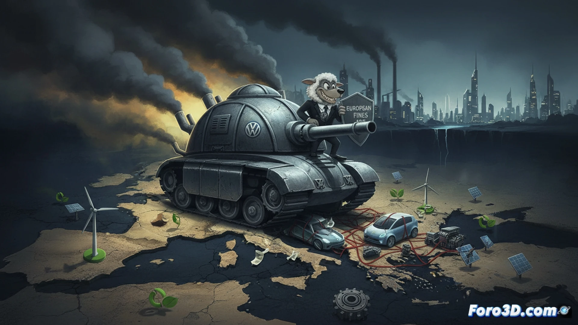 Volkswagen factory assembly line, a massive diesel engine block being lowered into a car chassis while a transparent holographic overlay shows rising CO2 graphs and a crumbling green leaf icon, engineers in white coats turning away from a glowing regulatory dashboard displaying penalty notices, photorealistic engineering visualization, harsh industrial fluorescent lighting casting long shadows, metallic surfaces with oil smears, digital data streams flickering red warning signals, cinematic technical render, ultra-detailed mechanical components, dramatic contrast between clean lab coats and dirty machinery