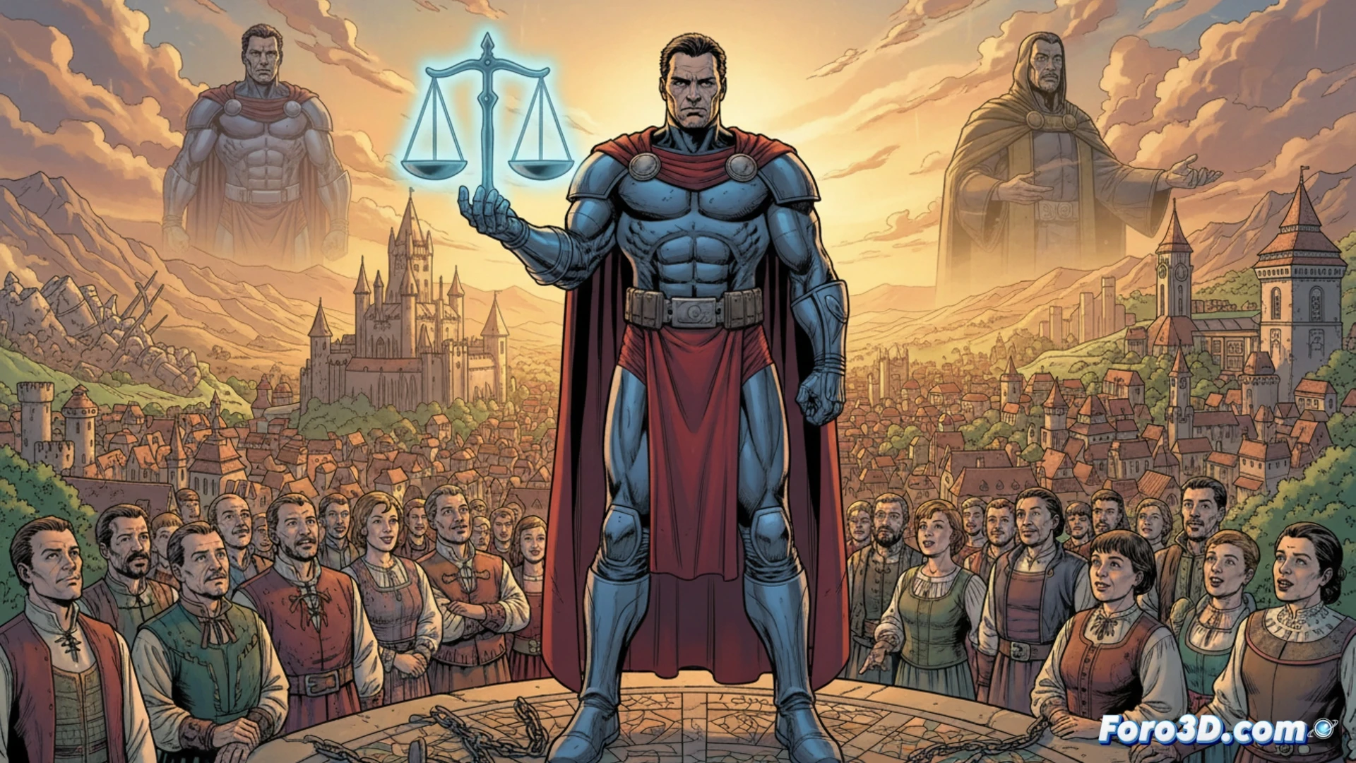 Doctor Muerte sentado en un trono metálico en Latveria, manos sosteniendo un casco dorado parcialmente abierto, mostrando circuitos internos y engranajes miniatura, mientras hologramas azules de planos de armadura flotan alrededor, técnicos con herramientas láser ajustan paneles de control en consolas cercanas, durante una demostración de sistemas de defensa, cinematographic wide shot, dramatic shadows, metallic reflections, photorealistic engineering visualization, intricate mechanical details, vapor gris saliendo de válvulas, electric arcs entre cables expuestos, ultra-detailed industrial sci-fi aesthetic