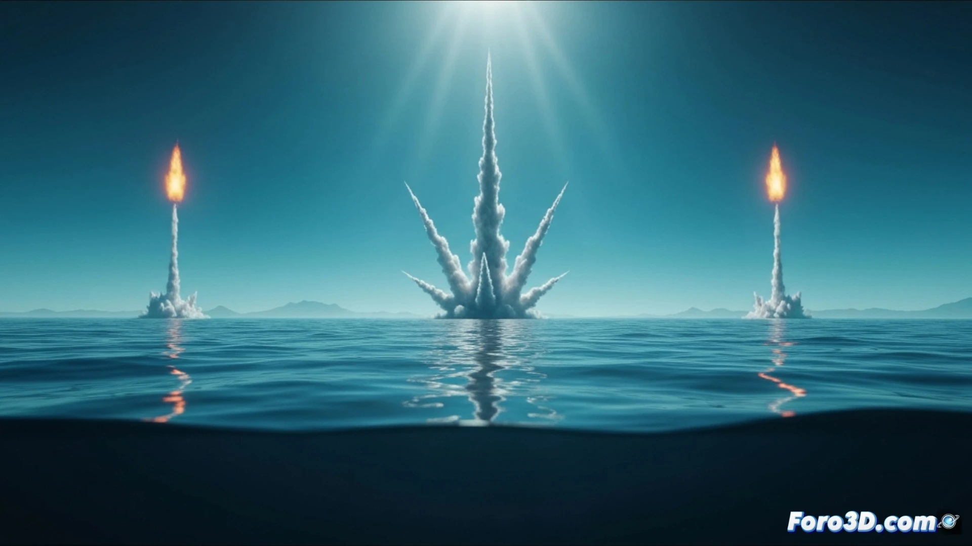 Underwater explosion shockwave experiment, deep blue ocean scene, a submerged metallic rig detonating a spherical charge, visible concentric pressure rings expanding outward in the water column, sediment plume erupting from the seafloor, nearby autonomous underwater vehicle with sensor arrays recording data, glowing sonar wavefronts and acoustic propagation lines radiating through the water, hydrophone buoys on tethered cables floating above, technical engineering visualization, cinematic photorealistic style, dark abyssal gradient lighting, particles and bubbles in suspension, high contrast light burst at detonation center, ultra-detailed mechanical instruments, dramatic scientific documentation aesthetic