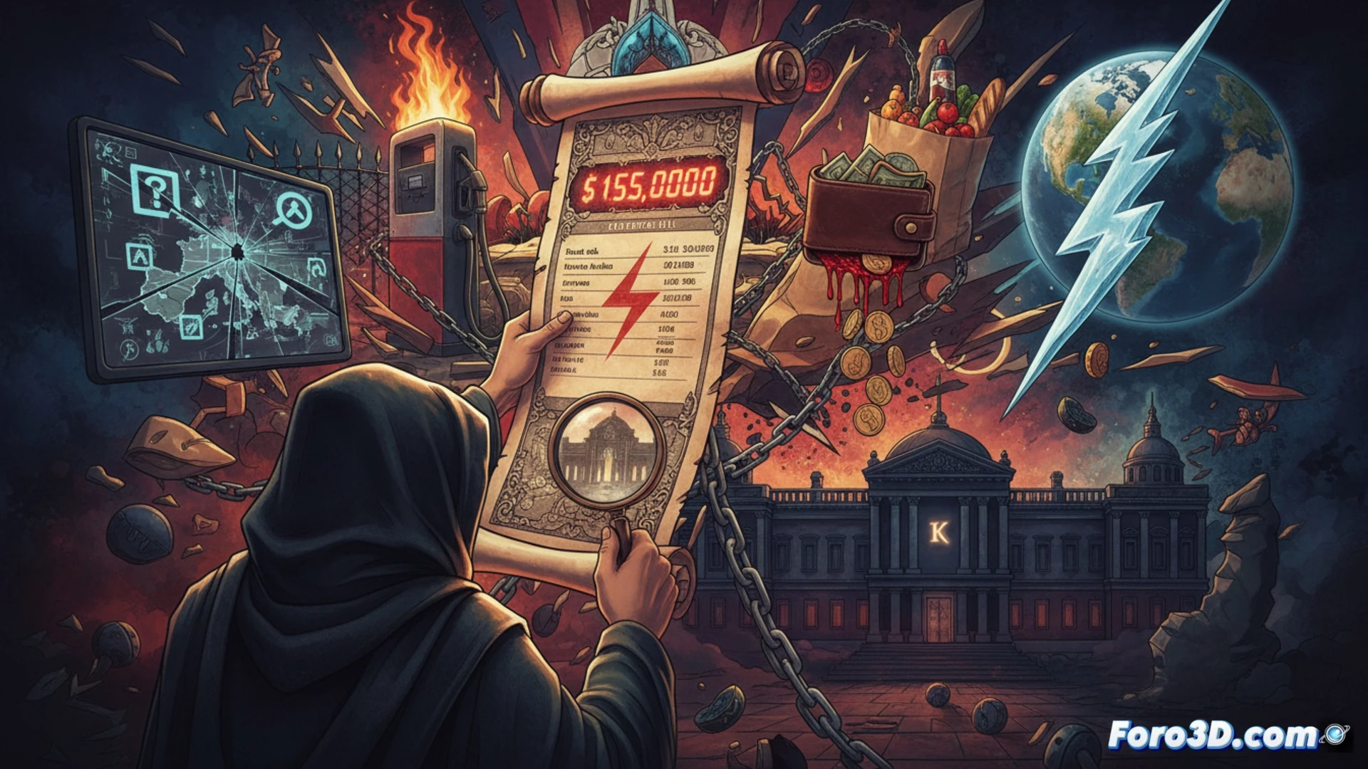 realistic kitchen interior, electricity meter on wall showing rapid spinning dial, hand holding a glowing smartphone displaying rising price graph, shadow of a gas pipeline and oil barrel cast across the countertop, broken thermometer next to a wilting plant, dramatic side lighting, cold blue and amber tones, photorealistic technical scene, dust particles in air, digital energy consumption lines fading into dark background, cinematic composition