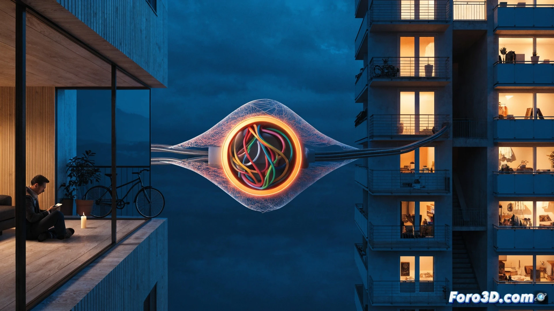 Photorealistic technical scene of a residential building electrical panel with multiple individual meters, one meter showing zero consumption while a glowing red arrow redirects power from it to a neighboring apartment with high consumption, visible current flow lines tracing through shared conduits, a homeowner in the background helplessly watching their meter spin backwards while a neighbor’s AC unit runs, digital display showing collective billing algorithm, cinematic dark blue ambient lighting, copper wiring and circuit breakers in foreground, ultra-detailed hardware, dramatic shadow contrast, engineering visualization style