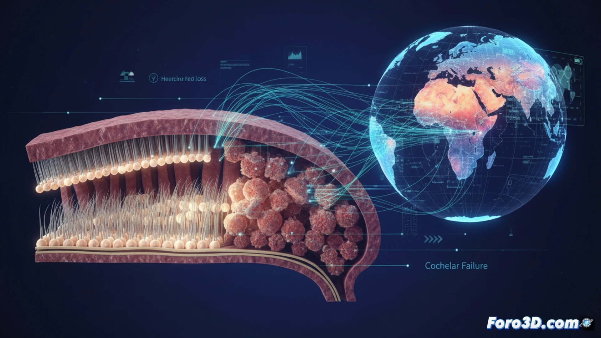 Visualización 3D de cóclea humana con falla coclear y pérdida de células ciliadas auditivas