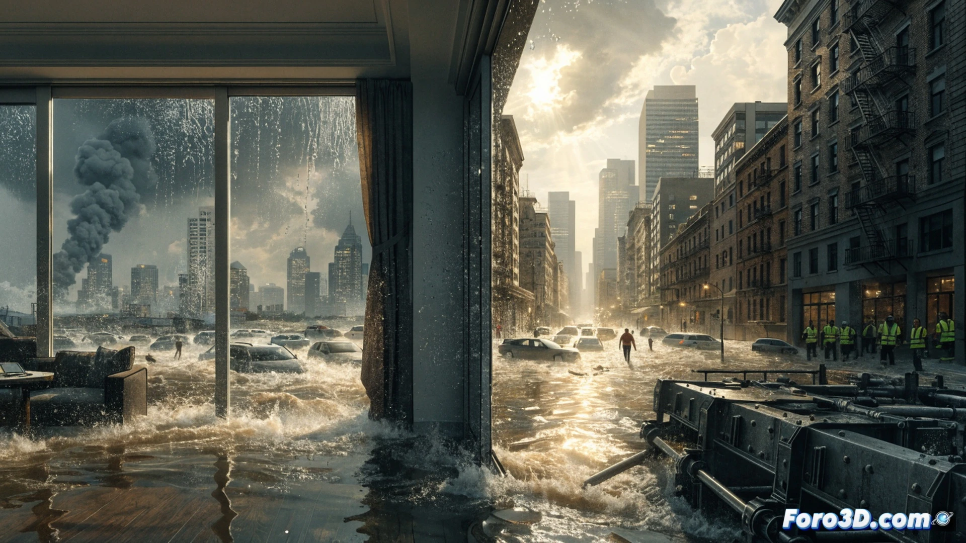 aerial view of a flooded urban neighborhood, submerged houses and cars, a single firefighter in a small boat rescuing a person from a rooftop, while in the background a massive oil refinery emits thick black smoke and a construction excavator tears down a forest, the floodwater surface reflecting both the refinery flames and the excavator arm, photorealistic technical illustration, dramatic overcast sky, high contrast lighting, ultra-detailed textures, cinematic wide-angle shot, showing the structural causes versus the reactive response