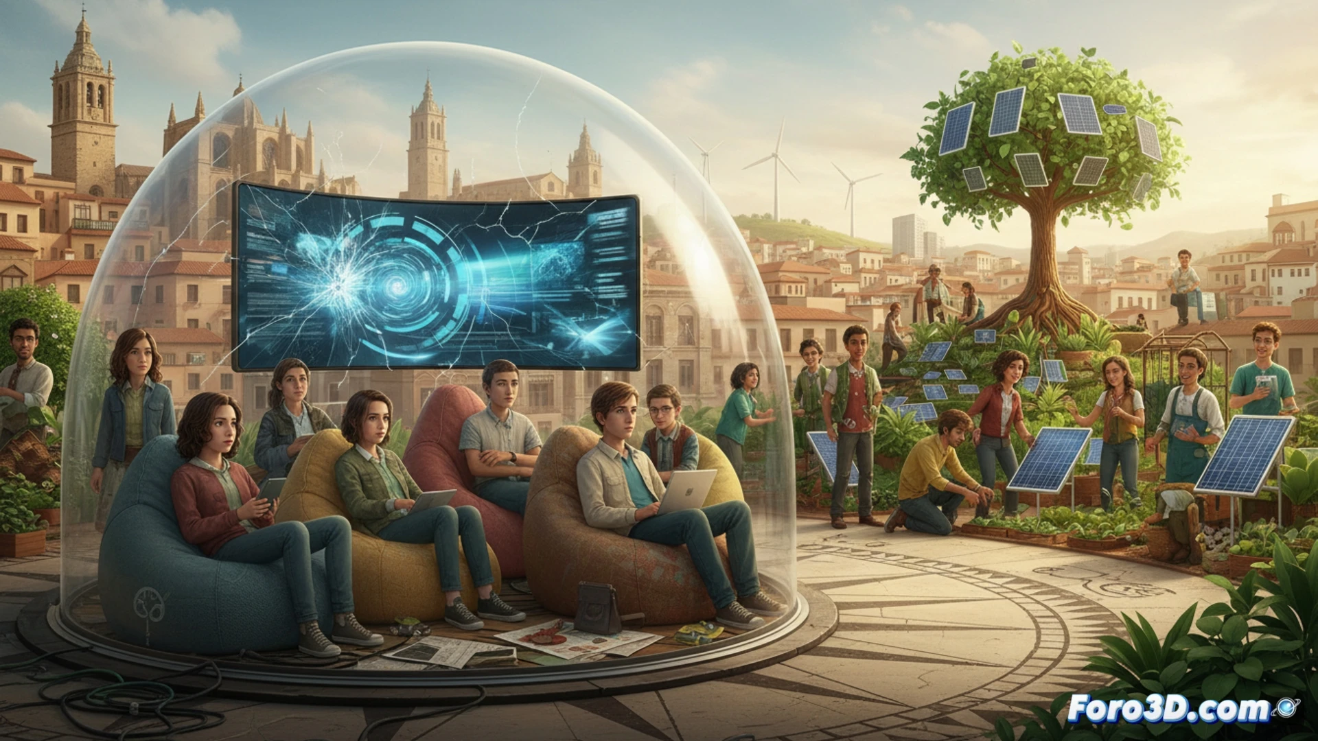 Spanish living room scene, middle-aged woman sitting on sofa looking at smartphone with climate news notification, expression of exhaustion and resignation, young adult daughter beside her scrolling social media with disengaged posture, both surrounded by visible sustainability elements like unplugged charger and recycling bin but no action being taken, photorealistic interior, soft grey daylight from window, slight dust particles in air conveying stagnation, cinematic composition, warm but muted colour palette, subtle visual contrast between potential green action and current paralysis, hyper-detailed textures of fabrics and screens, realistic human fatigue posture