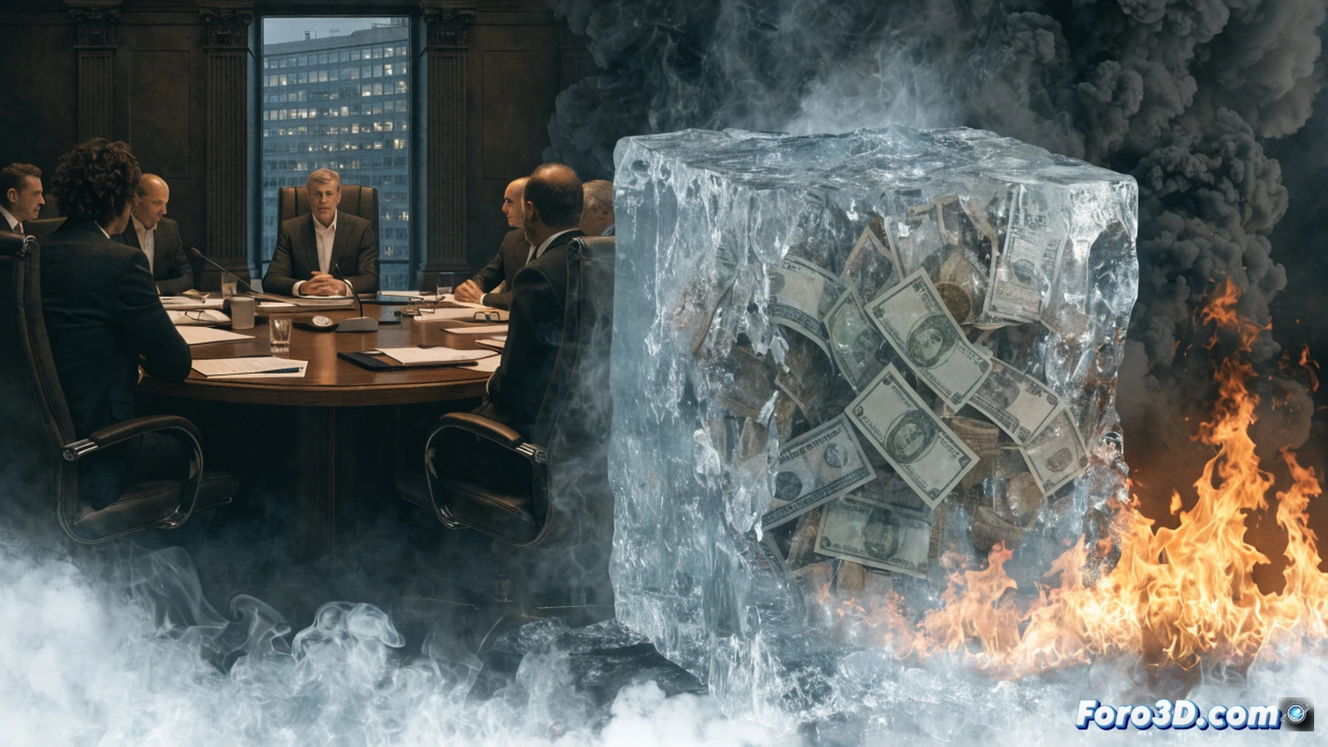 Photorealistic cinematic scene of a sealed Federal Reserve vault door with a massive frozen gear mechanism locked in place, a red inflation gauge needle climbing past 3.8 percent while a broken credit card lies on a marble floor under a shattered piggy bank, a glowing interest rate display showing 3.50 to 3.75 percent reflected in a puddle of oil, dark dramatic shadows from a single overhead lamp illuminating cracked concrete walls, technical engineering visualization of economic stagnation, cold steel textures, hyper-detailed mechanical components, motionless action demonstrating halted financial flow