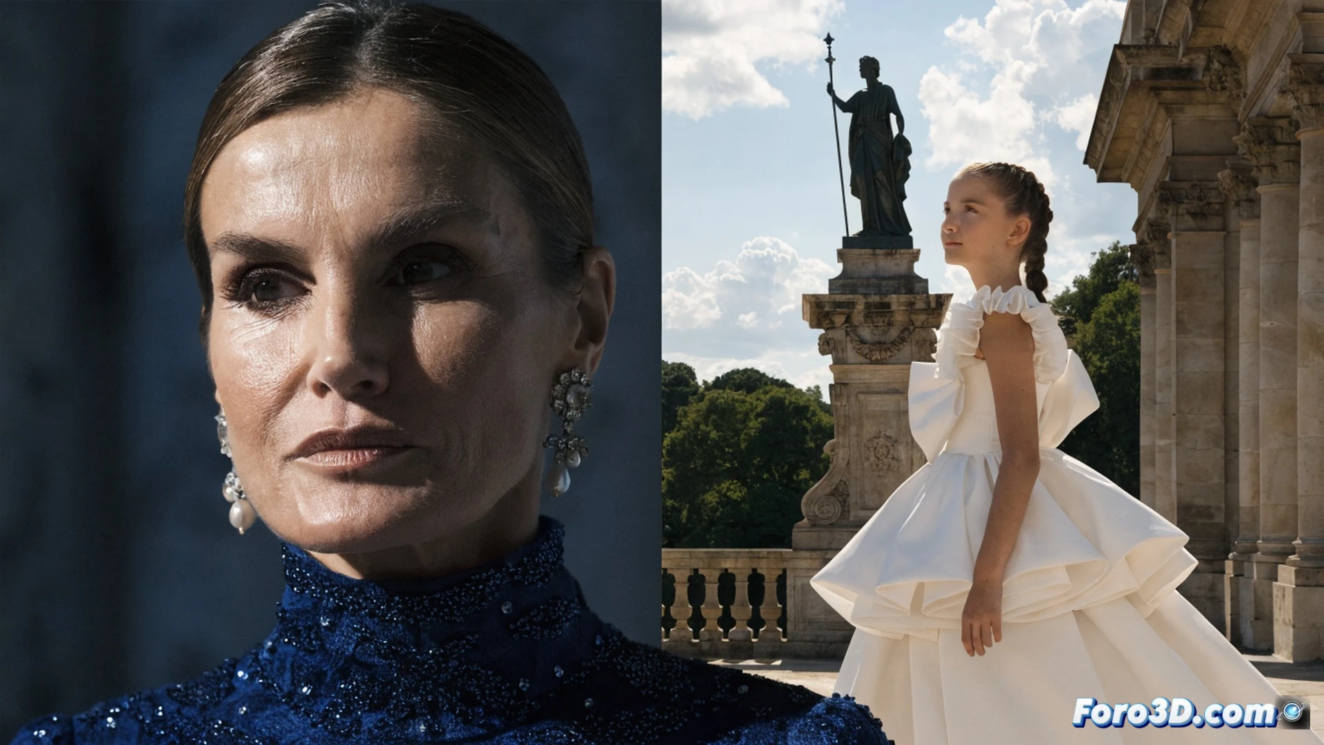 royal palace corridor at dawn, Queen Letizia in modern business attire holding a tablet while Princess Leonor in casual clothes stands beside her, both examining a holographic family tree projected from a sleek device, crown symbol dissolving into floating binary code, security guards in background monitoring screens showing social media engagement graphs, cinematic architectural visualization, marble columns reflecting warm golden light, photorealistic institutional render, subtle glow from digital interfaces, modern monarchy blending tradition with technology, dramatic shadows creating depth, ultra-detailed textures on stone and glass surfaces