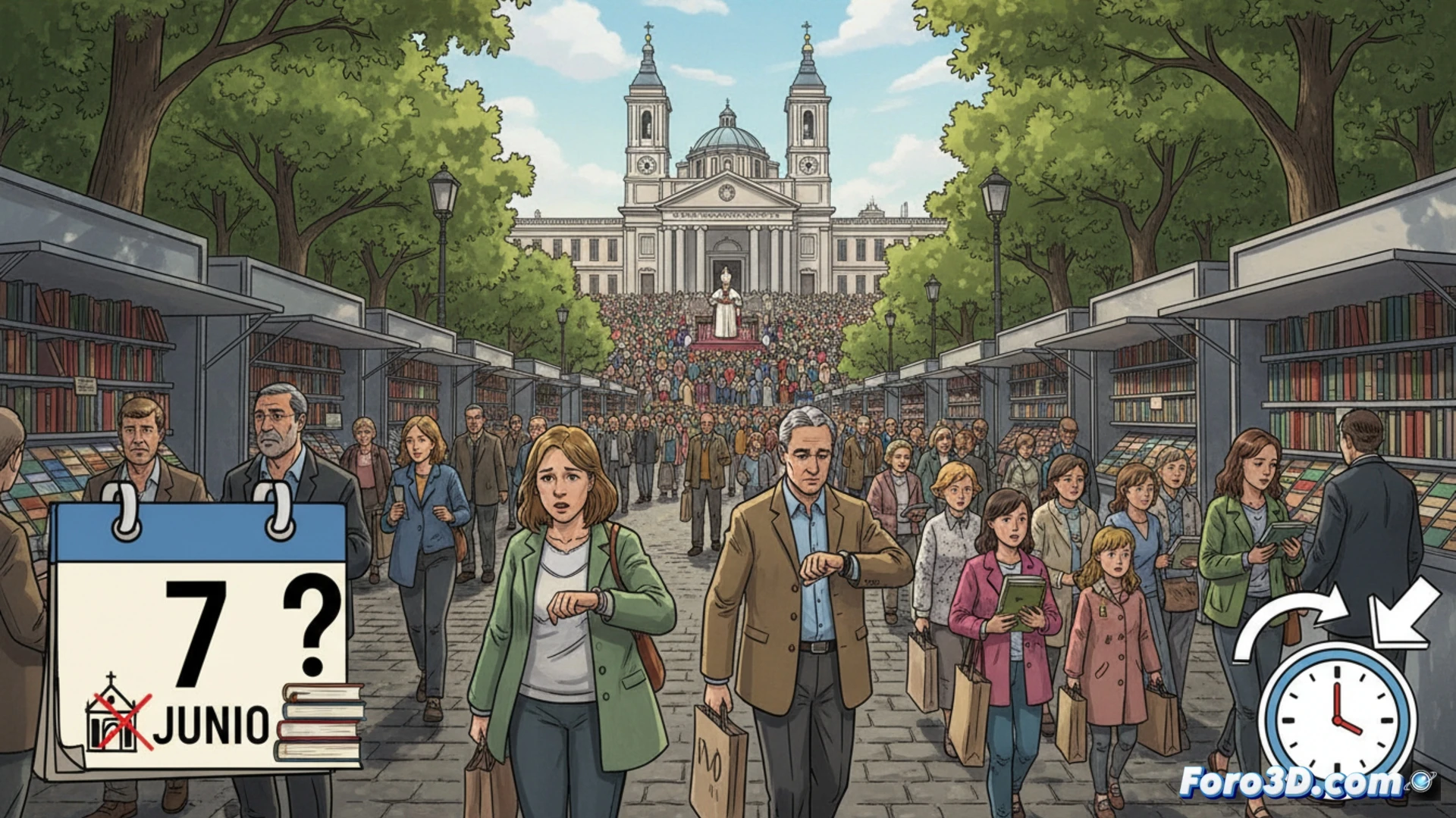 Un plano general de la Feria del Libro de Madrid, con casetas abarrotadas de libros y, al fondo, la silueta del Papa oficiando misa entre multitudes que se entrecruzan, bajo un cielo nublado.