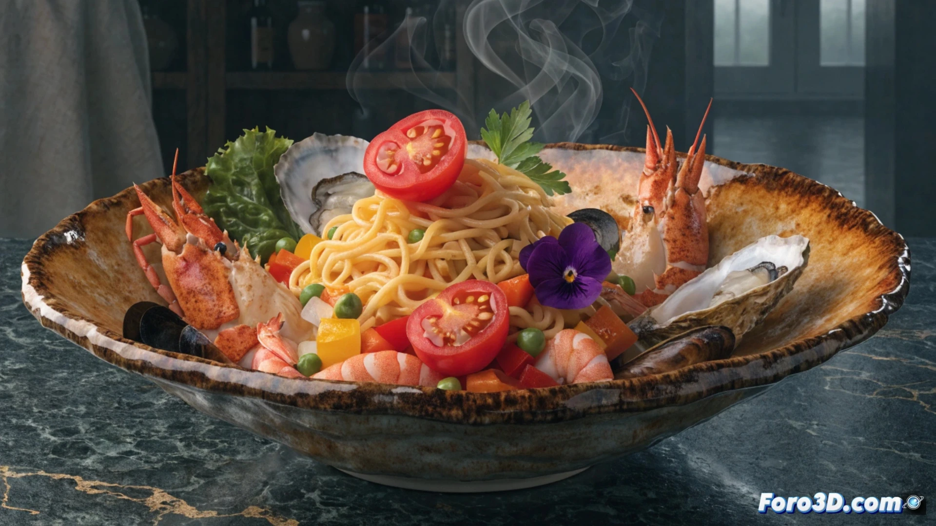 primer plano de una paellera humeante sobre fuego vivo en cocina profesional, chef asturiano vertiendo caldo de pescado con un cucharón de acero inoxidable, fondo de fogones industriales y azulejos blancos, mientras un mapa de España con flecha desde Asturias hasta Gandía aparece borroso en una tablet sobre la encimera, estilo cinematográfico fotorrealista, iluminación cálida de llamas, reflejos metálicos en utensilios, vapor denso elevándose, textura crujiente de fideos dorados visibles, composición vertical dramática, detalle técnico de termómetro digital marcando 180 grados, acción de cocción en proceso