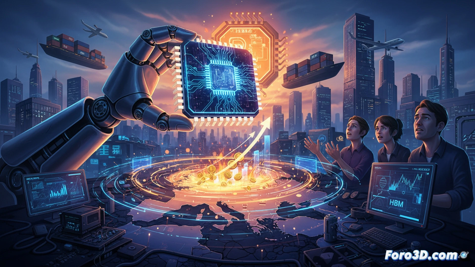 close-up of a glowing GPU die being lifted by robotic arms while a holographic price tag rises above it, European map flickering in the background with red import arrows from Asia, open server racks showing empty slots and a single overheating HBM memory module, photorealistic technical illustration, dramatic industrial lighting reflecting on copper heatsinks and silicon wafers, motion blur on robotic grippers, fine dust particles suspended in air, cinematic depth of field, ultra-detailed PCB traces and solder joints