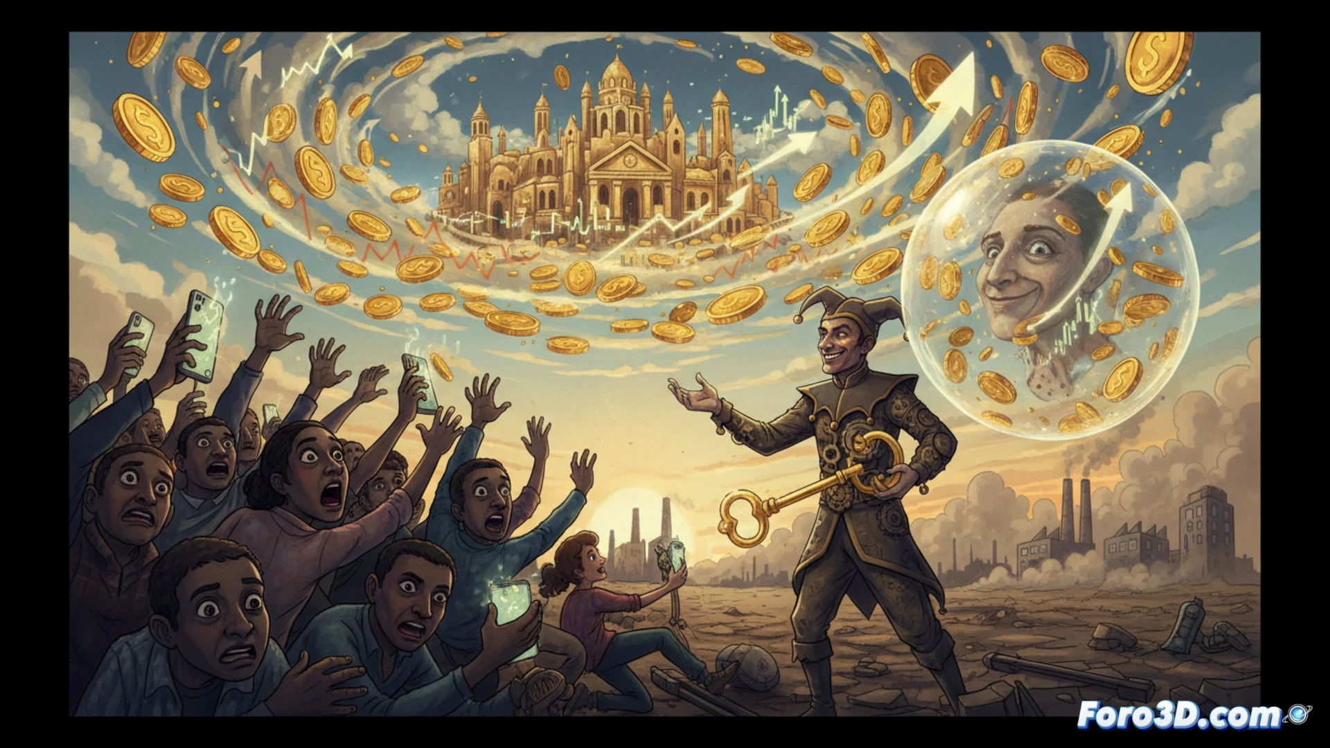 crowd of silhouetted figures reaching upward with smartphones toward a giant glowing holographic stock chart, the graph’s green line forming a parabolic spike before sharply collapsing into red, while beneath the chart a crumbling row of affordable houses and a broken public bus sink into cracked pavement, cinematic photorealistic render, wide-angle shot, figures in business suits mixed with casual clothes, desperate facial expressions, holographic data streams floating around the chart, dark stormy sky with golden light from the chart casting long shadows, hyper-detailed textures on smartphones and urban decay, dramatic chiaroscuro lighting, technical visualization of speculative collapse