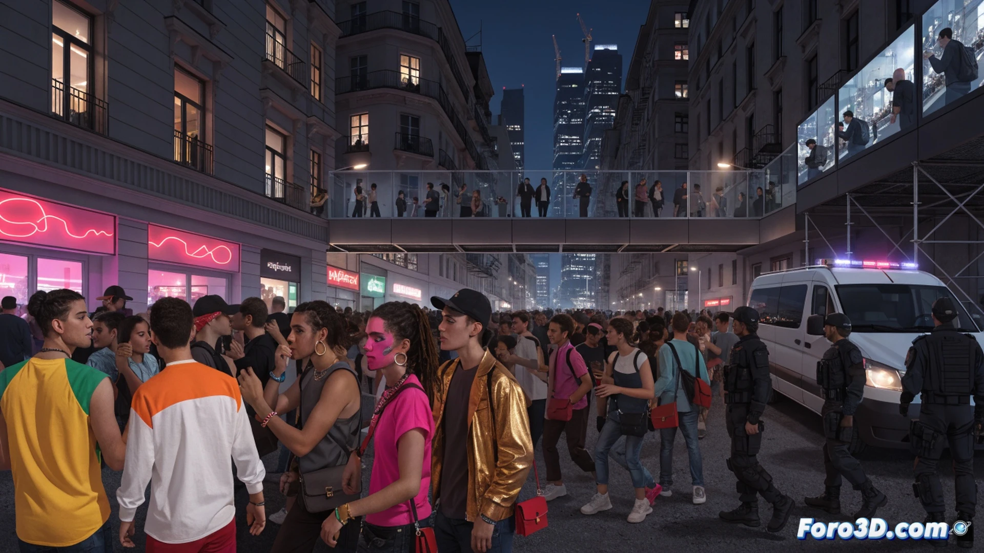 Grupo de jóvenes bailando en una plaza pública vacía al anochecer, mientras altavoces portátiles suenan y luces de móviles iluminan el ambiente, al fondo un local juvenil cerrado con cartel de clausura y cadenas, en contraste con una ventana vecina abierta donde una persona observa sonriendo con auriculares puestos, estilo cinematográfico realista, iluminación nocturna urbana con neón tenue, texturas de asfalto y ladrillo desgastado, profundidad de campo marcada, colores saturados con sombras dramáticas, photorealistic architectural visualization.