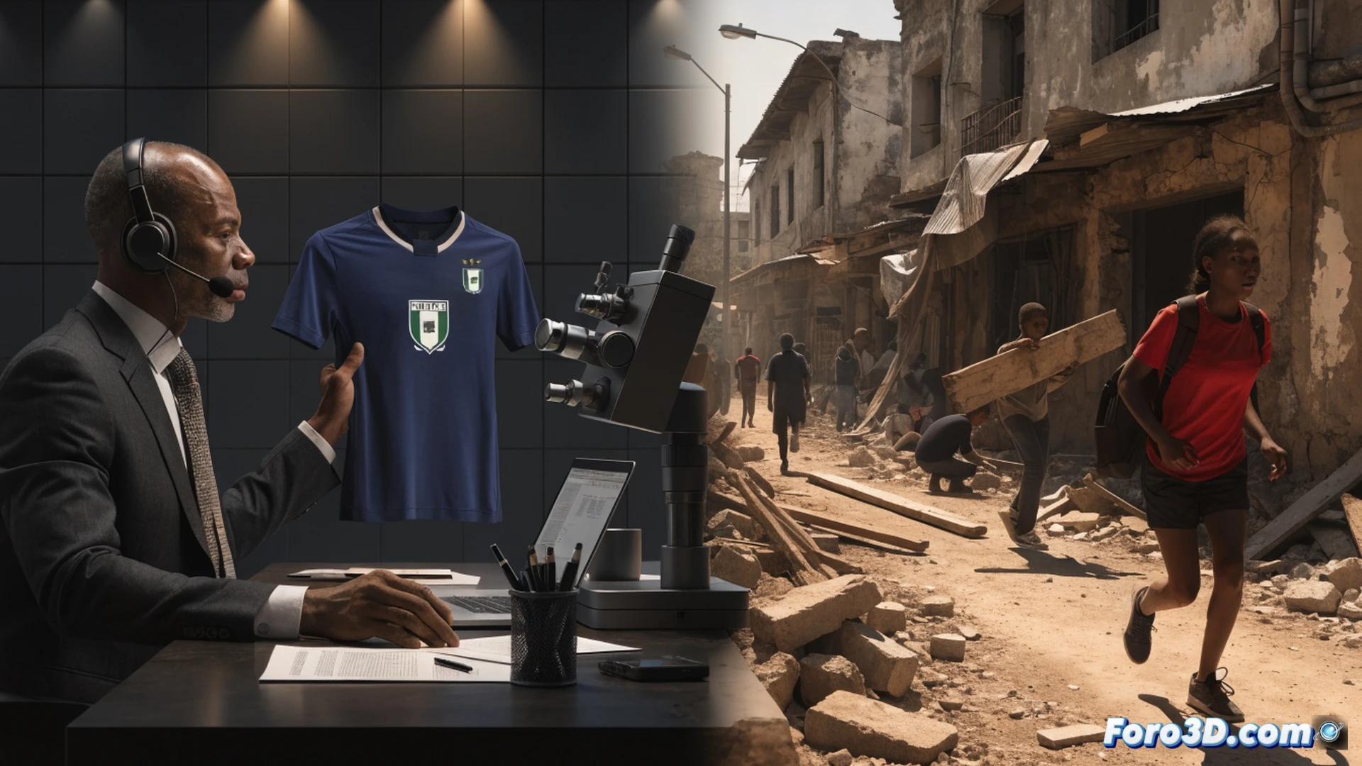 Fotografía técnica de una camiseta de fútbol roja con escudo bordado yacente sobre un escritorio de madera agrietada, mientras una mano enguantada sostiene una lupa aumentando un mapa impreciso en la tela, al fondo una computadora portátil muestra una interfaz de diseño gráfico con capas de archivos vectoriales abiertos, durante el proceso de revisión formal, estilo cinematográfico realista, iluminación dramática con sombras duras, textura de polvo y desgaste en la superficie, contraste entre objetos técnicos modernos y entorno deteriorado, profundidad de campo reducida, tonos fríos y rojos apagados, photorealistic technical render