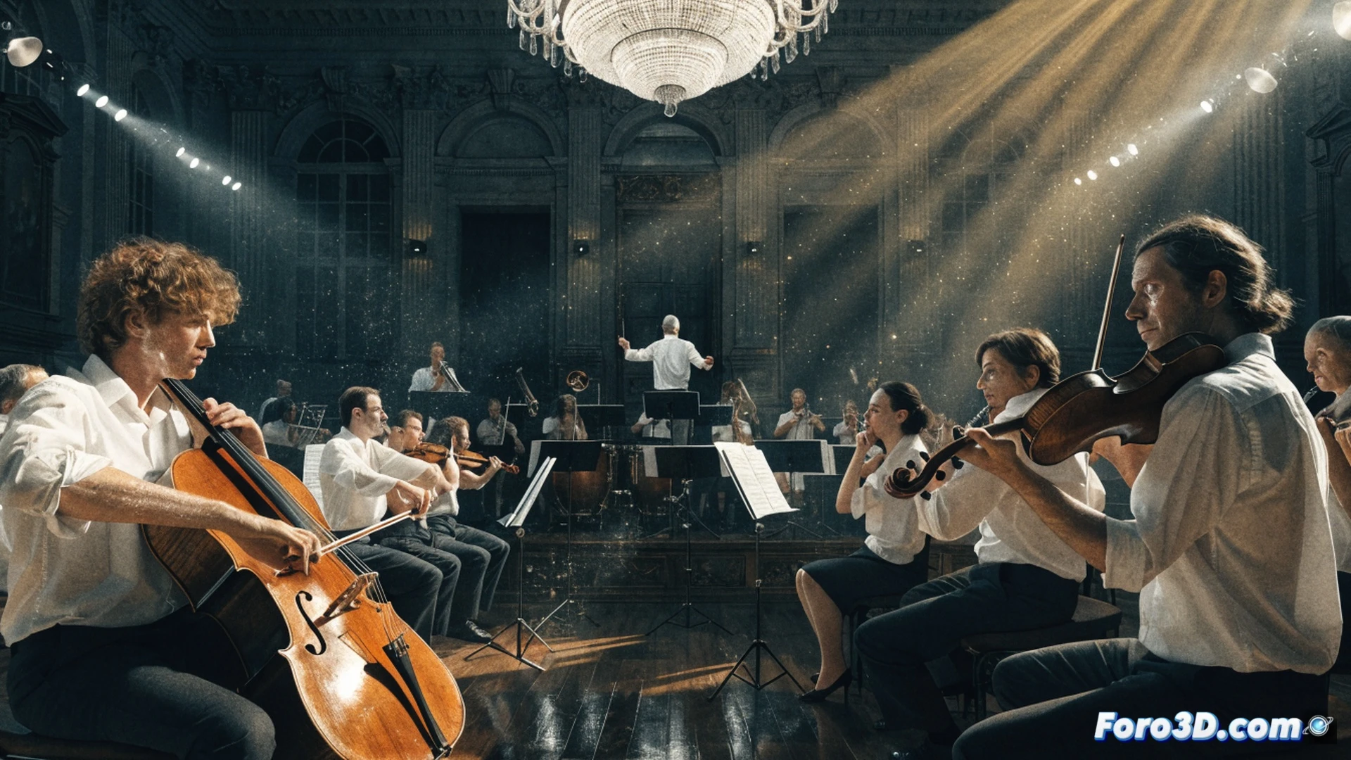 Berlin Philharmonic orchestra musicians on stage at night, men in shirtsleeves without jackets, women with elbow-length sleeves, extreme heatwave at 41 degrees celsius, musicians holding instruments while sweat glistens on faces, stage shaded by large architectural canopy, thermal waves visible in air, concert hall interior with empty jacket draped over chair, photorealistic technical illustration, cinematic lighting from stage lamps, warm amber tones contrasting with cool shadows, high detail on instrument wood grain and fabric textures, realistic human expressions of discomfort while performing