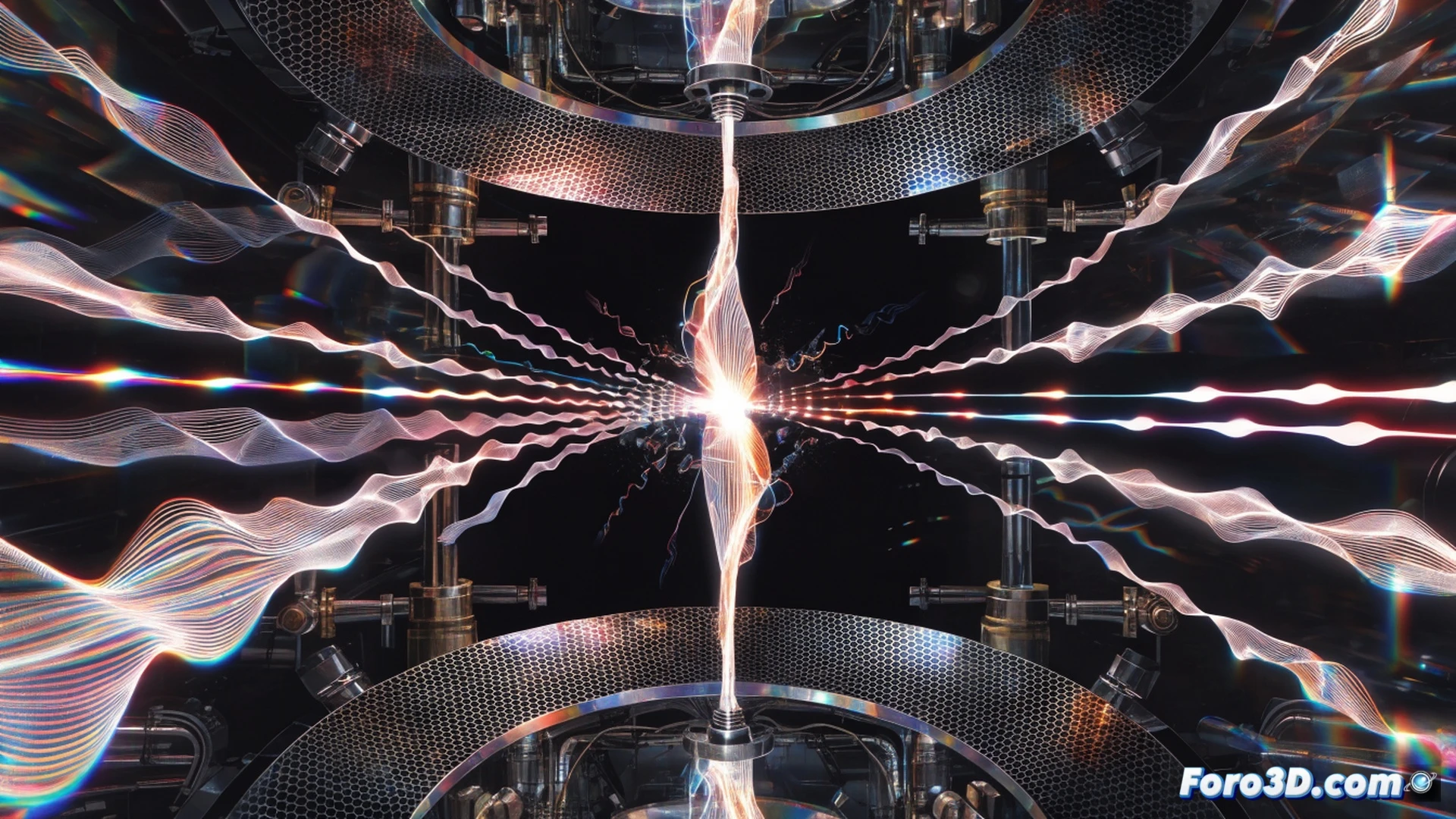 Single photon beam entering a diamond prism splitter, wavefront rippling as it encounters a cutting edge, energy cascade producing multiple new photon particles radiating outward in fractal patterns, quantum sensor microchip array on a circuit board below detecting multiplied light streams, glowing blue-white particle trails, laboratory laser equipment in background, technical engineering visualization, photorealistic quantum optics render, shallow depth of field, high contrast lighting, precise geometric alignment of optical components, microscopic scale detail on chip surface, cinematic dramatic illumination.