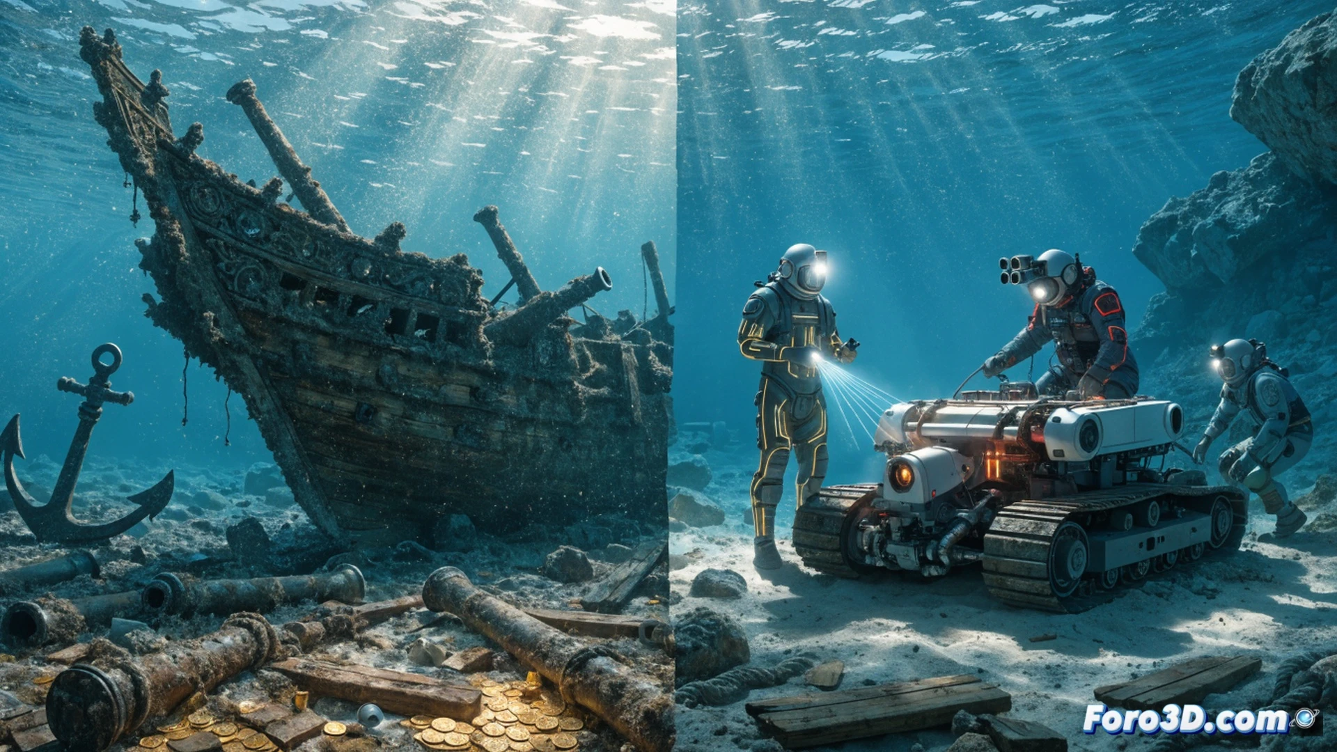 Underwater archaeological excavation scene, divers using metal detectors and underwater drones scanning sandy ocean floor near Florida coast, visible shipwreck timbers and scattered silver coins partially buried, sediment cloud rising during active digging, sonar screen showing buried metal objects on diver wrist tablet, cinematic photorealistic underwater render, dramatic sunbeams piercing turquoise water, realistic bubble trails, metallic corrosion texture on cannon, high-contrast lighting emphasizing gold and silver fragments emerging from dark sand
