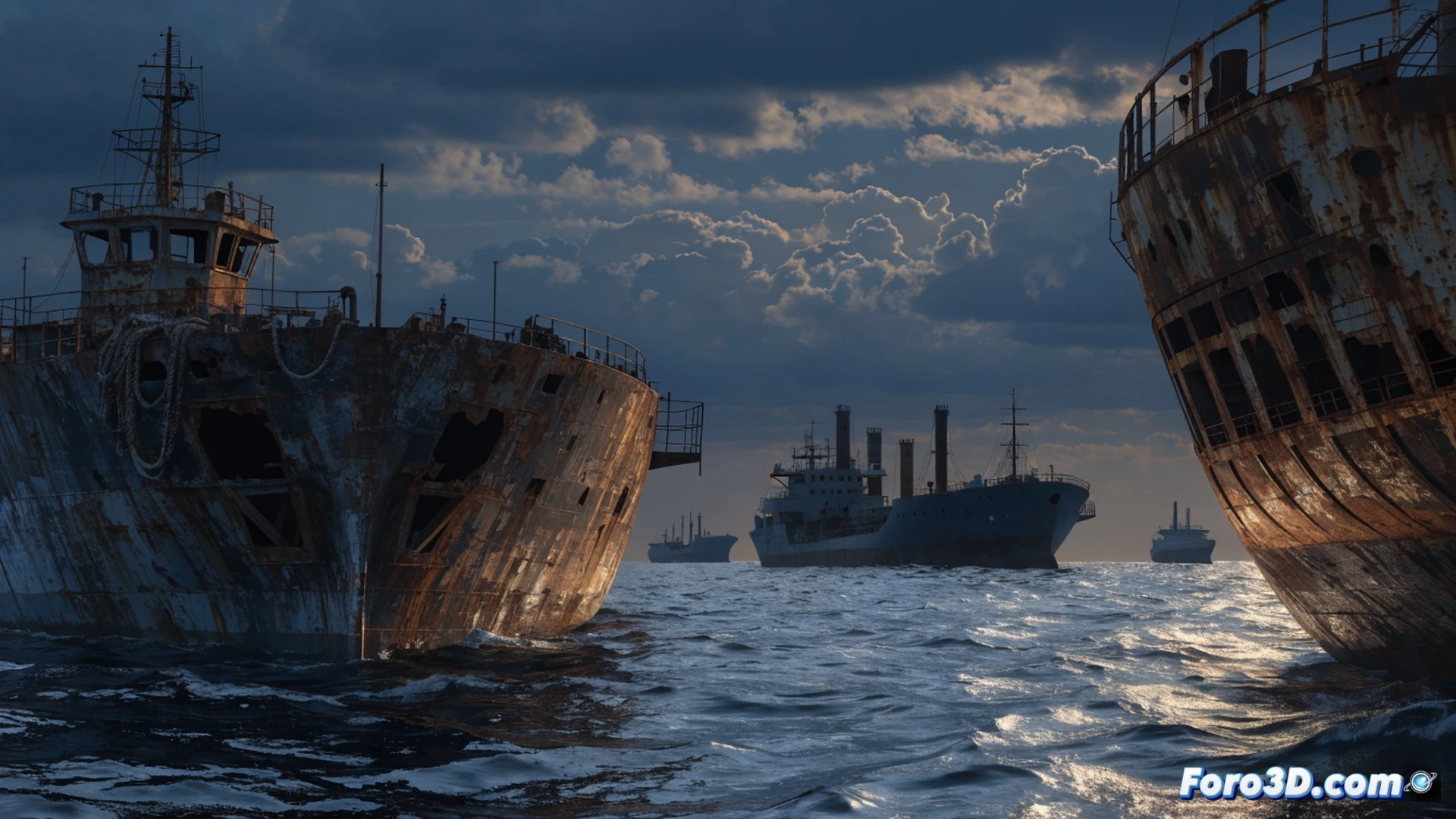 rusty oil tanker navigating through stormy Arctic waters at night, corroded hull plates and peeling paint visible, no flag or identification markings on the bridge, a small drone flying low capturing thermal imaging of the vessel, satellite dish on deck pointed skyward, dark smoke trailing from funnel, icy waves crashing against bow, cold blue moonlight breaking through clouds, cinematic photorealistic maritime surveillance scene, dramatic low-angle shot, high contrast lighting, ultra-detailed rust textures, motion blur on water spray, technical visualization of sanctions evasion