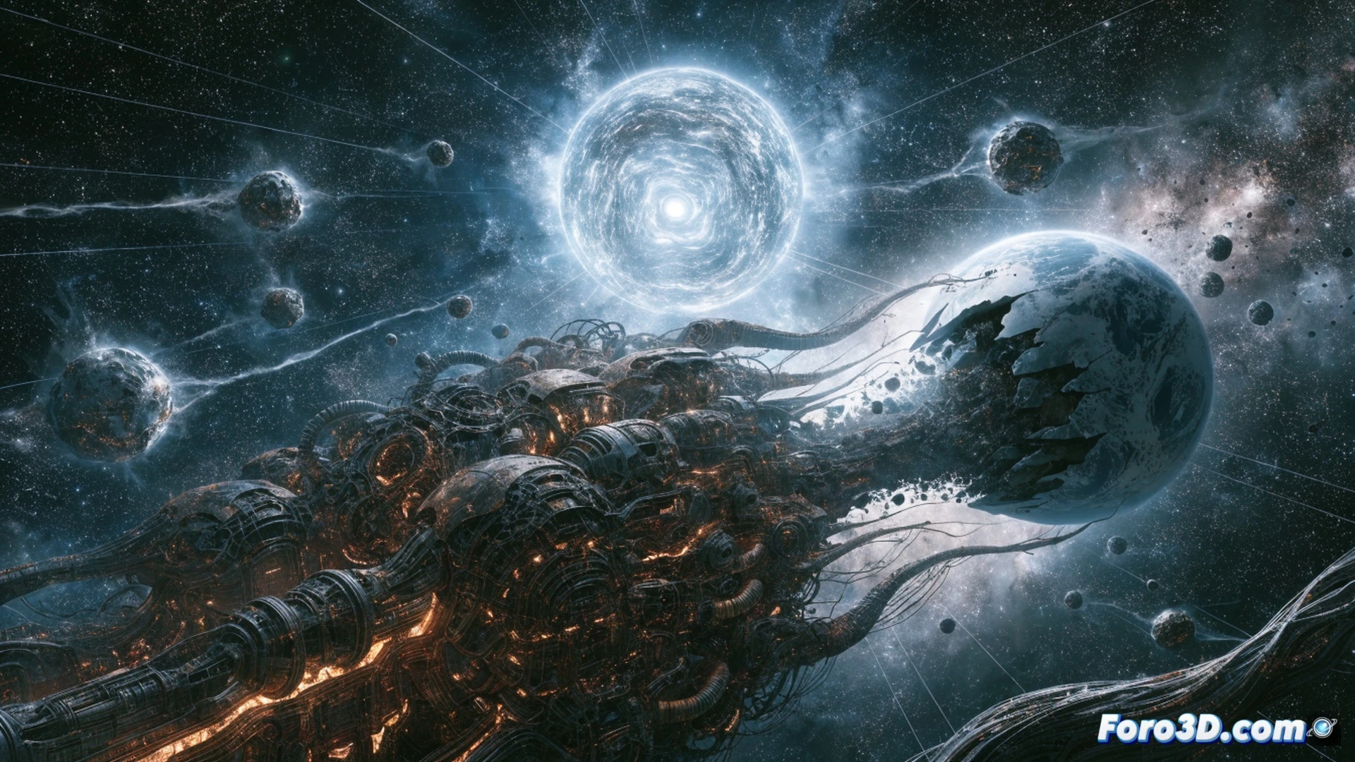 cinematic photorealistic render of a colossal alien machine descending through Earth's atmosphere, metallic tentacles and plasma cutters actively disintegrating a mountain range, molten rock and debris flying outward in glowing arcs, smaller self-replicating drones swarming around the planet's crust like metallic locusts, Earth's surface cracking under immense gravitational stress, dark space background with distant Sun, ultra-detailed mechanical joints and heat-distorted air, dramatic orange-blue lighting from atmospheric friction, apocalyptic scale, hyperrealistic engineering visualization