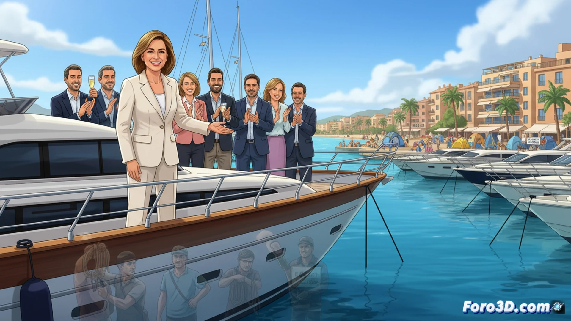 luxury yacht marina at golden hour, polished hulls reflecting sunlight, a politician in a blazer shaking hands with a yacht owner on a wooden dock, both smiling, crew members polishing chrome railings in background, a computer screen on a nearby table showing a spreadsheet titled Seasonal Employment Data with red declining bars, a stack of rental contracts with August dates crossed out, a small boat labeled Affordable Housing drifting away in distant water, cinematic photorealistic style, sharp contrast between glossy foreground yachts and blurred residential coastline, wide-angle lens, dramatic shadows, ultra-detailed reflections on water surface