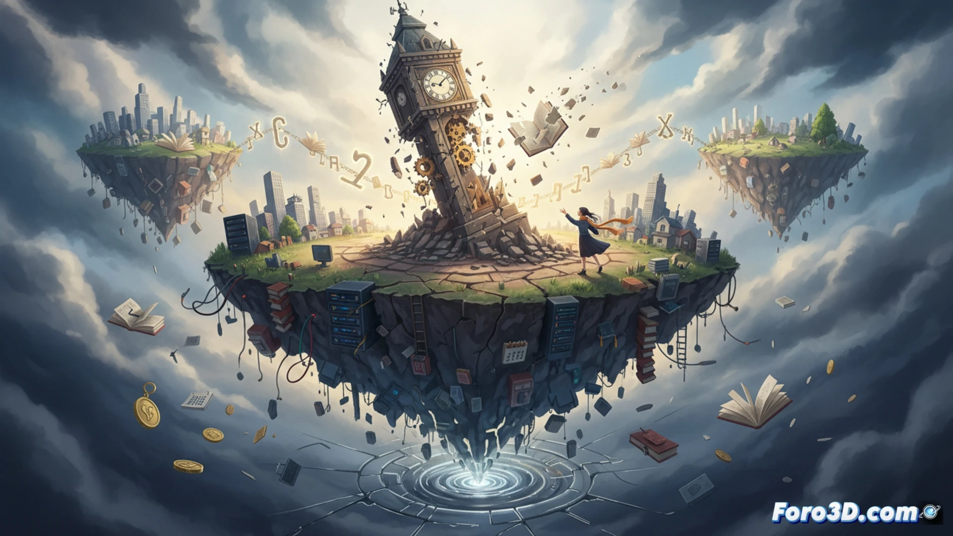 photorealistic engineering visualization of a futuristic city built on a transparent glass platform, hairline cracks spreading across the surface while a single book acts as a support pillar beneath, glowing blue data streams flowing from the book into the fractured infrastructure, a young girl reading aloud while holding a wrench, her breath visible as frost forming on the glass, digital clock on a tower showing 11:59 with gears visibly loosening, cinematic dramatic lighting from below, ultra-detailed mechanical components in the city's architecture, metallic skyscrapers slightly tilting, motion blur on falling dust particles, technical illustration style with cross-section view of foundation showing rusted bolts and worn cables