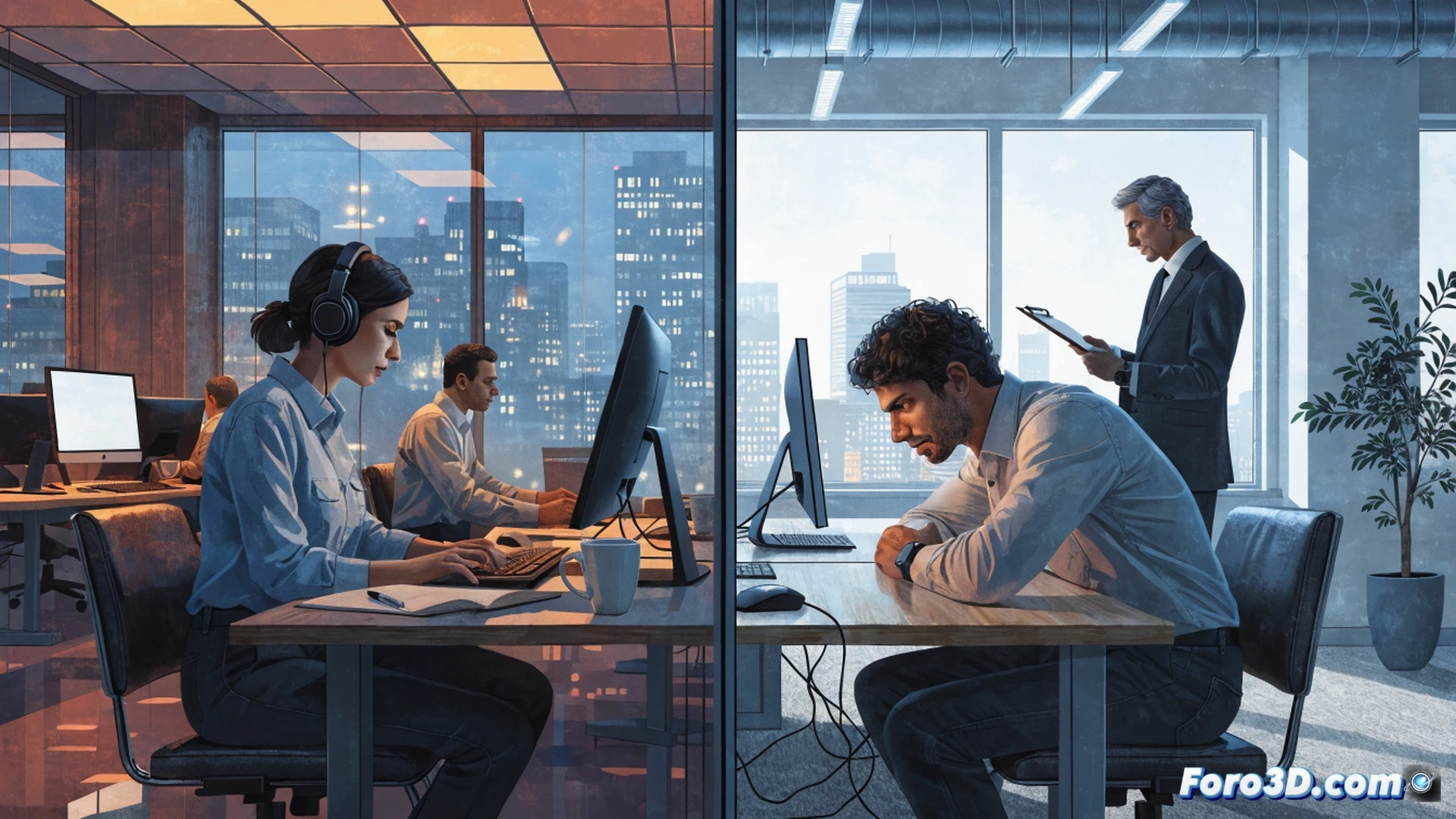 photorealistic office scene showing a manager pointing at a clock on the wall while a stressed employee stares at an overflowing inbox on a laptop, clock hands showing late evening, employee holding a coffee cup with dark circles under eyes, visible overtime log on a tablet, scattered paperwork and empty snack wrappers on desk, fluorescent office lighting casting harsh shadows, tired posture, realistic skin texture and fabric folds, cinematic workplace drama, ultra-detailed office clutter, technical illustration style
