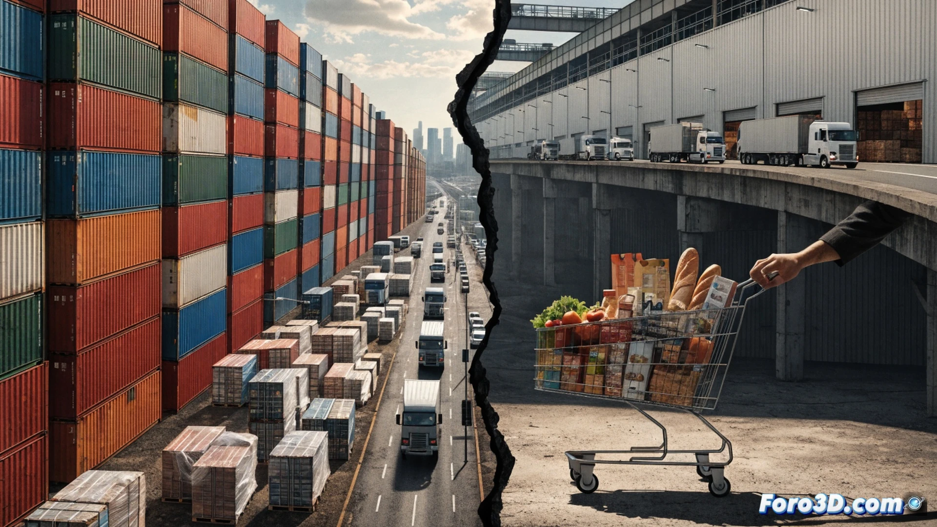 Cámara cenital sobre un polígono industrial saturado, camiones apilados en doble fila bloqueando muelles de carga, mientras un brazo robótico de almacén levanta un palé de productos básicos cuyo coste se refleja en un ticket de compra digital sobre un suelo de hormigón agrietado, naves logísticas al fondo con luces de seguridad rojas, atmósfera de presión corporativa, estilo cinematográfico hiperrealista con iluminación dramática de tungsteno y sombras alargadas, texturas de asfalto desgastado y metal oxidado, composición técnica de ingeniería industrial