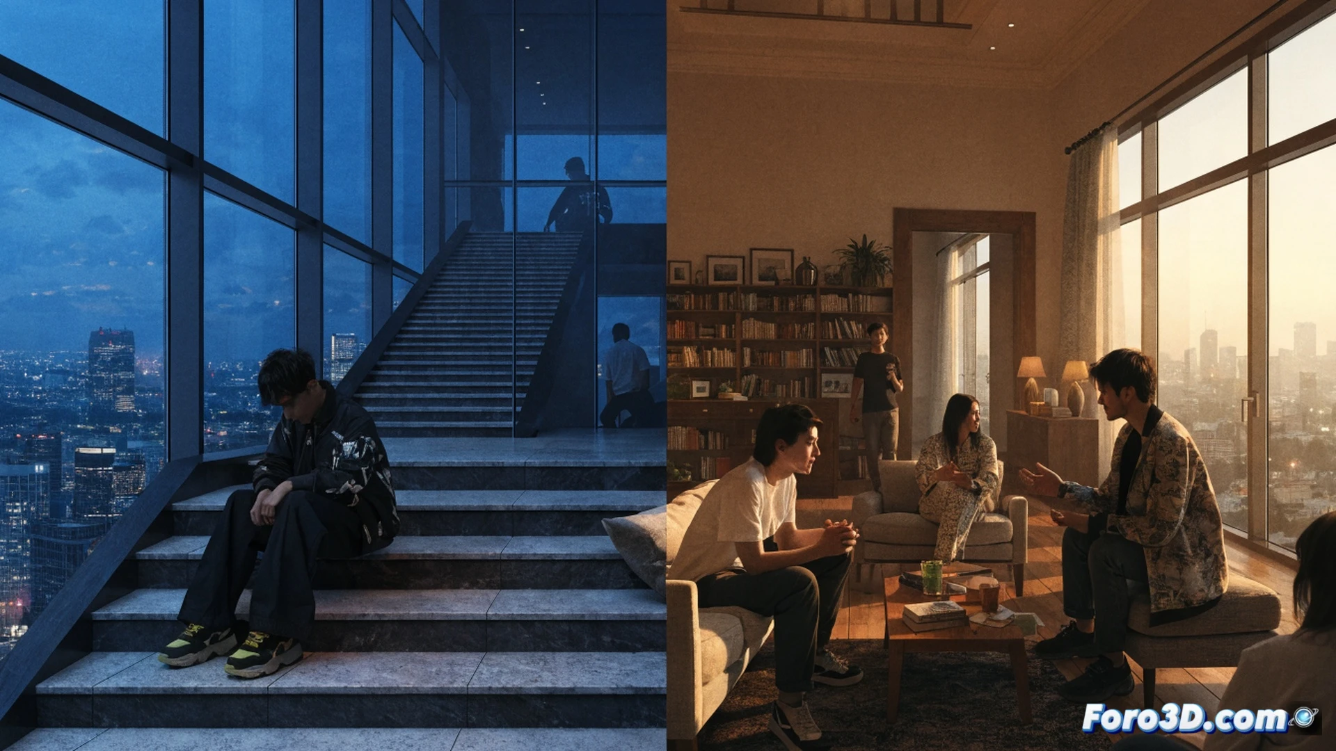 young adult sitting alone on a modern minimalist couch in a dimly lit apartment, smartphone screen glowing in hand displaying empty chat interface, no notifications visible, person looking downward with subdued expression, large window showing grey urban skyline, empty coffee mug on side table, cold blue and grey color palette, cinematic composition with shallow depth of field, photorealistic interior scene, subtle dust particles in light beam, emotional isolation atmosphere, ultra-detailed textures on fabric and glass, dramatic shadow play, technical photography style with 35mm lens effect