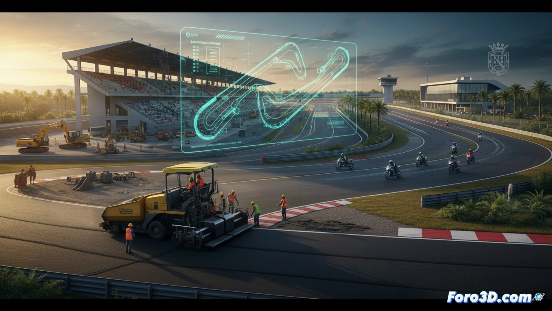 Descripción de imagen: Plano general del Circuit Ricardo Tormo, con grúas y obreros reparando asfalto y boxes dañados, bajo un cielo nublado.