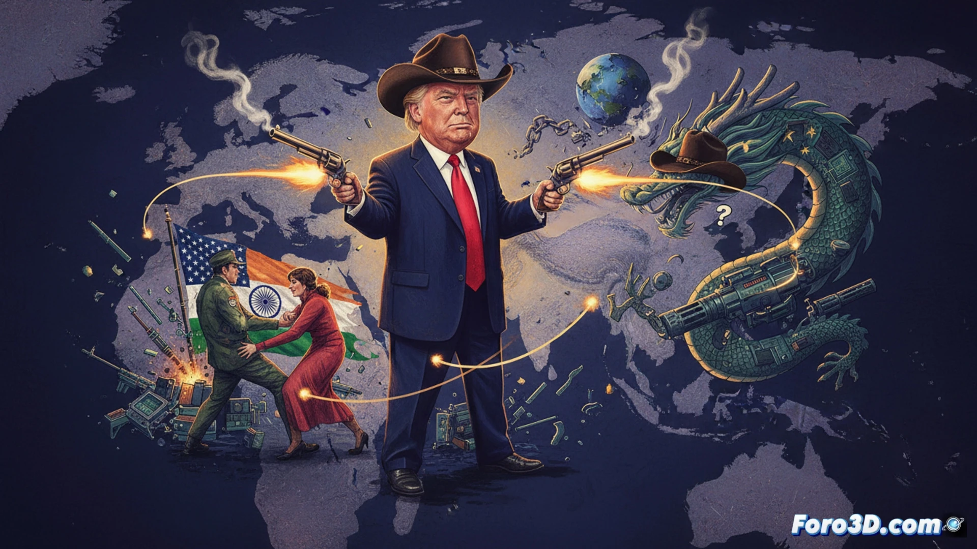 Cinematic geopolitical visualization, two military drones colliding mid-air over a stylized map of Asia, one drone with US flag markings and the other with Indian flag markings, sparks and debris flying during the impact, a distant Chinese silhouette drone observing from the horizon, cowboy-style silhouette of Trump holding a lasso made of fiber-optic cables and circuit traces, broken satellite fragments falling in slow motion, glowing red and blue trajectory lines intersecting over contested waters, photorealistic technical illustration, dramatic storm clouds, metallic reflections on drone surfaces, high-contrast lighting, ultra-detailed mechanical components, motion blur on falling debris