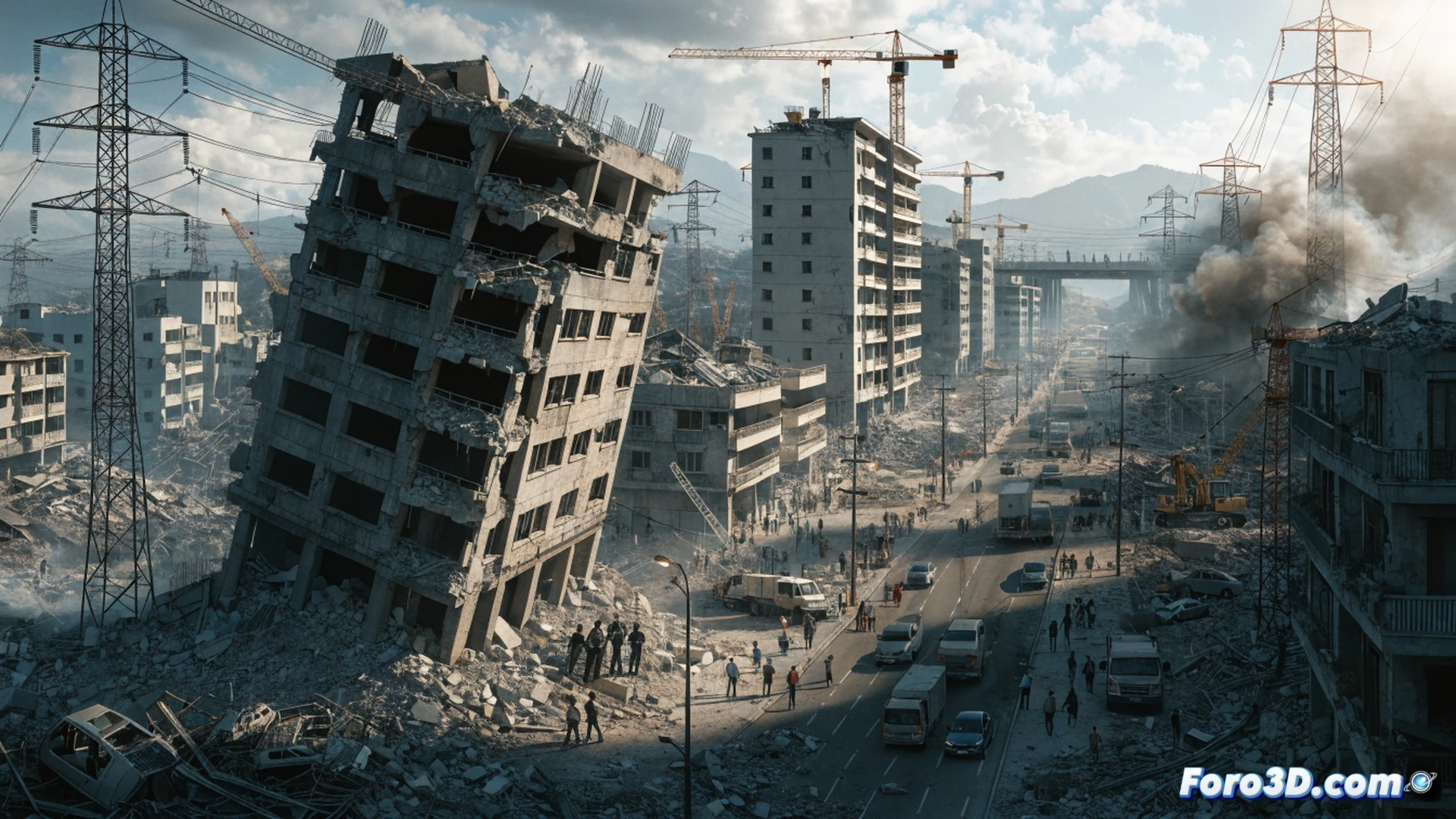 rescue workers in orange suits clearing rubble from collapsed concrete buildings in La Guaira, electrical repair crews on utility poles restoring power lines, water tanker trucks driving on partially repaired roads, heavy machinery lifting debris while engineers inspect cracked infrastructure, cinematic photorealistic visualization, dramatic golden hour lighting with dust particles, smoke rising from distant damaged structures, helicopters flying overhead, detailed urban destruction with exposed rebar and broken asphalt, technical rescue equipment visible, wide-angle shot showing recovery in progress