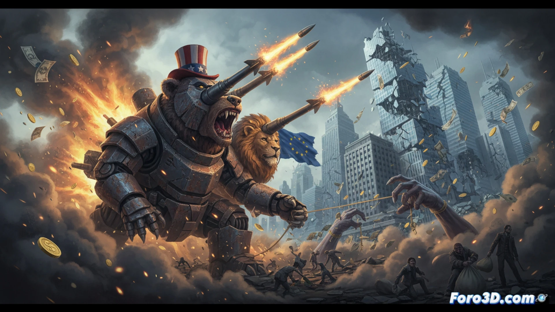 Cinematic wide shot of a global financial command center, split screen showing two simultaneous scenes: left side, a crumbling stone globe with cracks spreading like debt graphs, inflation arrows piercing through, while right side, a military radar screen displaying missile trajectories and war maps, both connected by a massive smoke cloud rising from a burning cannon barrel in the center, photorealistic engineering visualization, metallic control panels with flickering red warning lights, floating holographic economic data streams dissolving into smoke, action of distraction demonstrated as the smoke cloud expands to cover the crumbling globe, dramatic chiaroscuro lighting, ultra-detailed textures of cracked earth and steel, technical illustration style
