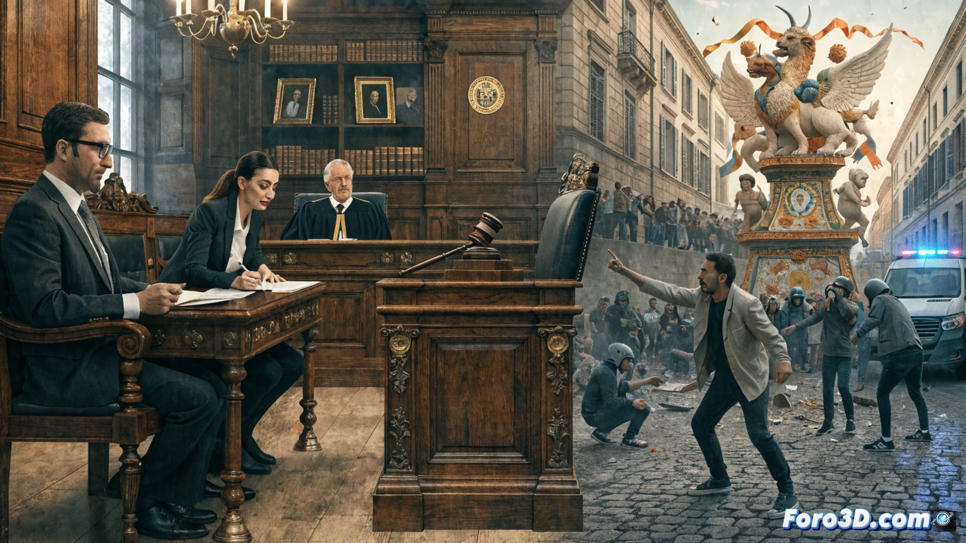 two valencian falla commissions in a tense courtroom hallway, a woman in traditional fallera dress pointing at a man in a suit while holding a mobile phone showing a blurred message, a wooden ninot sculpture lying broken on the floor between them, papers with legal seals scattered, a gavel on a table in the background, dramatic fluorescent lighting, security guard watching, cinematic photorealistic style, conflict escalation visible through tense body language and scattered evidence