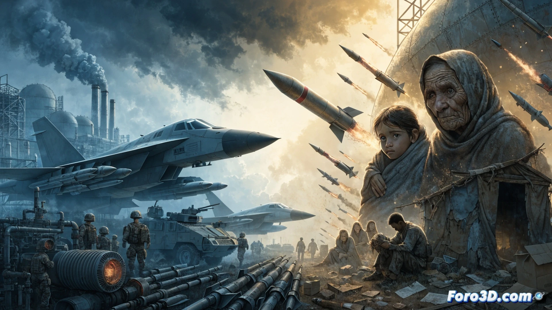 cinematic photorealistic scene of a military tank barrel morphing into a hospital IV drip stand, soldiers in combat gear walking past crumbling school walls, inflation charts burning on a war room monitor, diplomatic papers scattered on a conference table, while missiles launch in background sky, dramatic contrast between war machinery and civilian infrastructure, ultra-detailed metal textures, smoke mixing with medical cross symbols, dark storm clouds over a city skyline, engineering visualization of resource misallocation, motion blur of falling currency notes