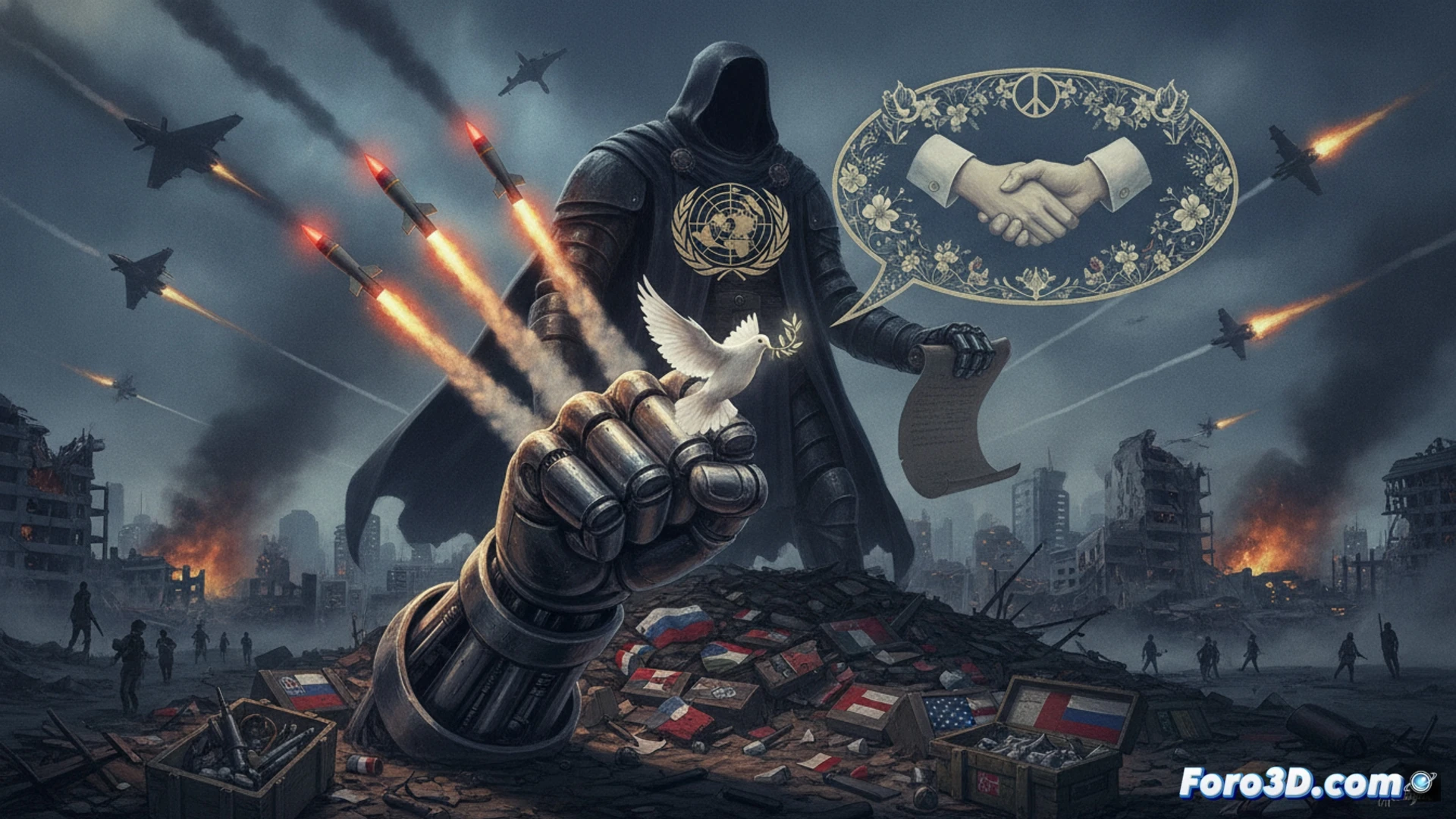 Photorealistic cinematic scene of a UN peace negotiation table split in half, left side showing diplomats shaking hands under a glowing olive branch hologram, right side revealing a hidden factory floor where robotic arms load missiles onto military trucks, a severed wire labeled ceasefire monitor trailing from a broken laptop, smoke rising from a distant explosion visible through a cracked window, dramatic chiaroscuro lighting, ultra-detailed metal textures, dust particles suspended in air, technical engineering visualization of weapon assembly lines contrasted with empty chairs around the negotiation table, no text or numbers present