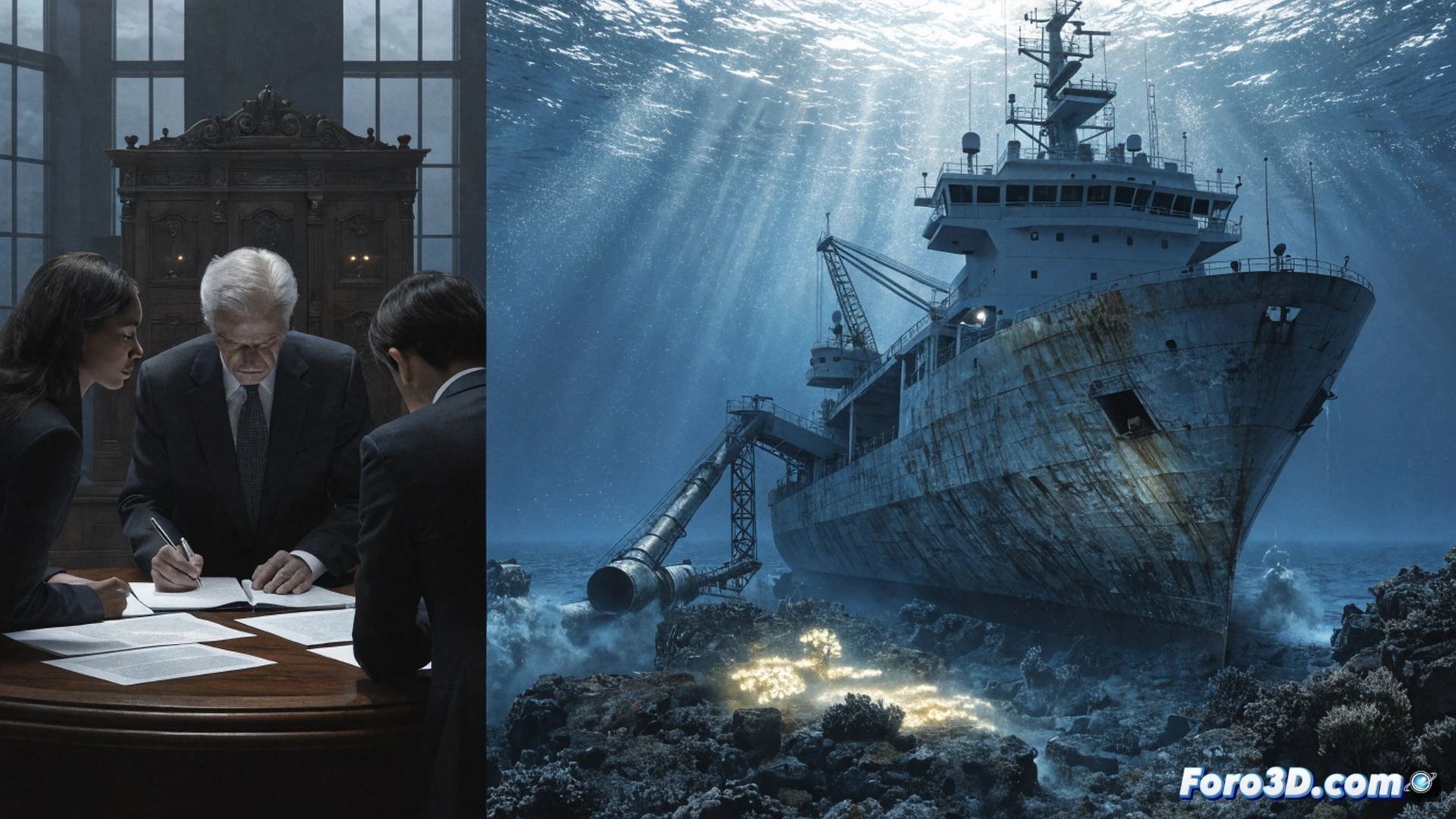 photorealistic underwater scene split between two contrasting actions, left side shows politicians signing a treaty on a glass platform above crystal-clear blue ocean, right side reveals a deep-sea mining robot tearing up the seabed while a fishing trawler net drags across coral reefs, clouds of sediment billowing from destroyed marine habitat, robotic claw crushing hydrothermal vents, fishing lines entangling whale skeletons, dramatic chiaroscuro lighting from surface creating harsh shadows, cinematic wide shot, hyper-detailed textures of rusted metal and crushed shells, motion blur on falling debris, industrial pollution particles floating upward like dark snow, technical engineering visualization style