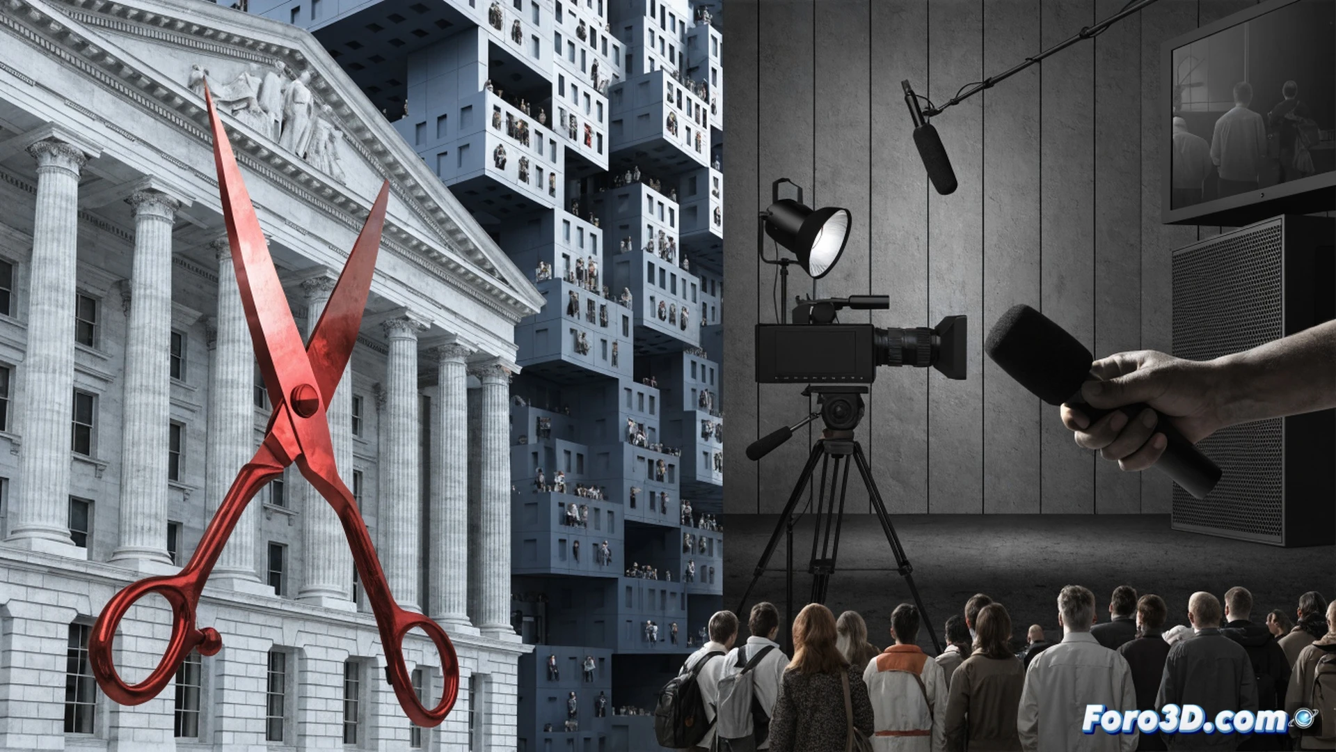 photorealistic scene of a large Czech state auditorium, a puppet-like microphone with its cord cut by oversized scissors labeled budget cuts, while journalists stand silenced with hands over their mouths, a broken news camera on the floor showing a cracked lens, a government official in a suit pulling strings from behind a glass podium, dramatic chiaroscuro lighting, shadows cast across empty press seats, cold metallic tones, ultra-detailed textures of wood and fabric, cinematic political thriller style