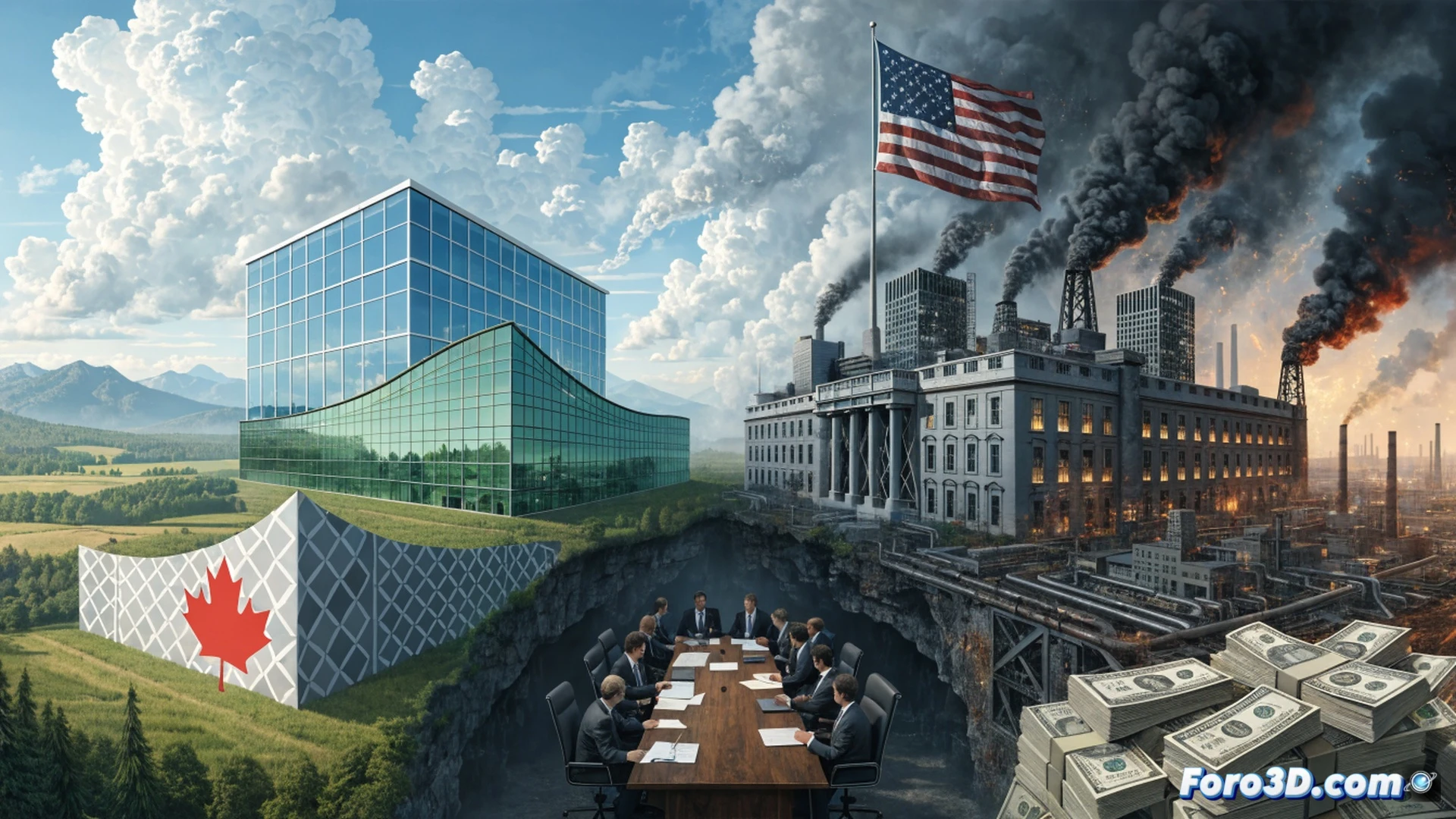 industrial smokestacks emitting dark smoke over a cracked dry earth landscape, a giant golden dollar sign crushing a small green globe beneath its weight, while a wind turbine blade lies broken on the ground, foreground showing a laptop displaying a climate treaty document being torn apart by a robotic corporate hand, cinematic photorealistic engineering visualization, dramatic sunset lighting contrasting smoke and clean energy, ultra-detailed metal and plastic textures, symbolic action of profit overriding environmental protection, wide-angle lens, hyperrealistic industrial scene