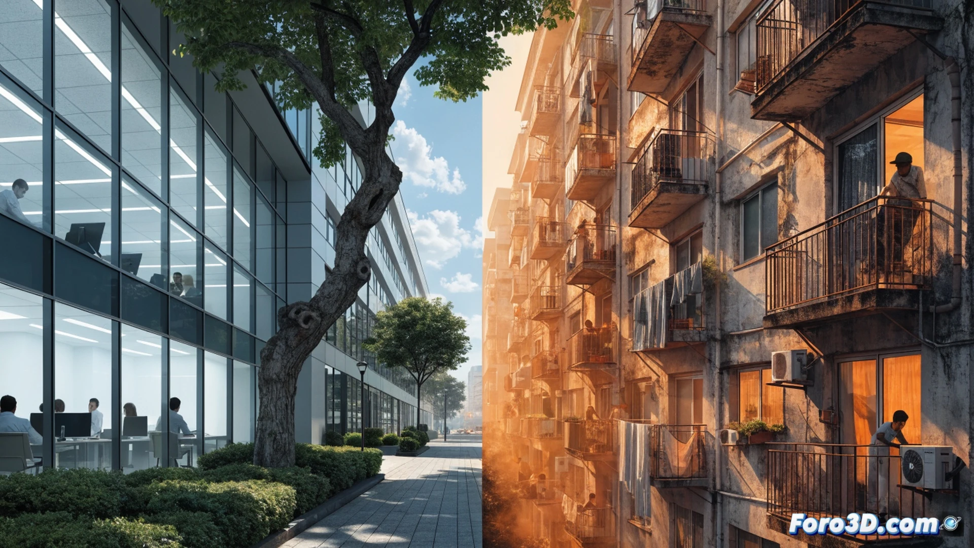 urban heat island scene with two contrasting buildings side by side, left building shaded by large trees with reflective white roof and solar panels, right building with dark asphalt roof and no insulation radiating heat waves, a split air conditioning unit on the right balcony dripping condensation while a person inside sweats, a finger pointing from the left building towards the AC unit, technical cutaway view showing missing insulation layers in the right wall and exposed concrete structure, cinematic photorealistic engineering visualization, dramatic golden hour sunlight creating harsh shadows, infrared heat glow effect on the right building surface, realistic architectural materials, ultra-detailed brick texture and window frames, thermal gradient overlay in subtle red tones
