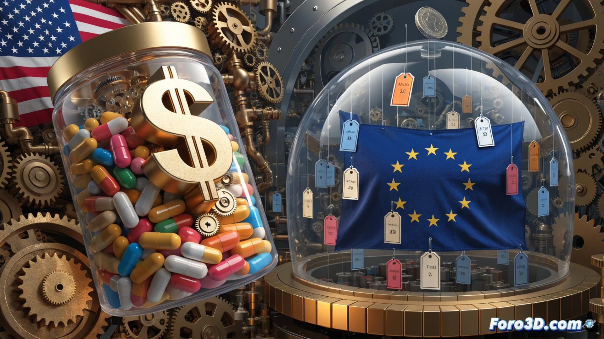 pharmaceutical factory interior, two contrasting scenes side by side, left side showing US market: empty negotiation table with a broken price tag showing excessive numbers, right side showing European market: collective bargaining meeting with transparent pricing documents, a giant corporate hand pointing accusingly at the European side while hiding a money bag behind its back, action of blame and concealment, photorealistic technical illustration, cold blue lighting on European side, warm red lighting on US side, dramatic shadows, ultra-detailed industrial setting, glass walls showing pill production lines in background, cinematic composition
