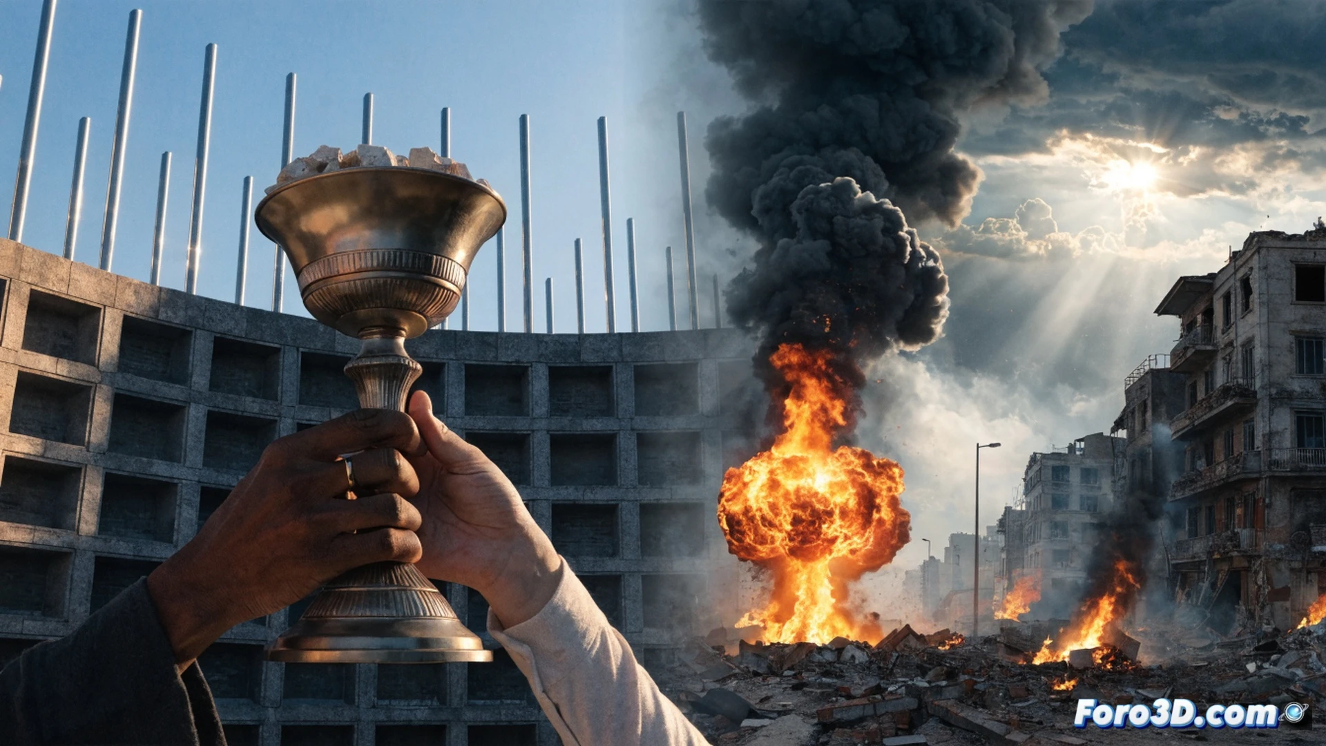 photorealistic scene of a memorial candle melting next to a modern military drone control tablet, while a live news feed on a smartphone screen shows refugee columns crossing a destroyed bridge, same hand holding both objects, candle wax dripping onto keyboard keys labeled with tax codes, glowing red targeting crosshair projected over humanitarian aid boxes, cinematic contrast between warm candlelight and cold blue screen glow, ultra-detailed textures of plastic, wax, and dust, dramatic chiaroscuro lighting, technical illustration style